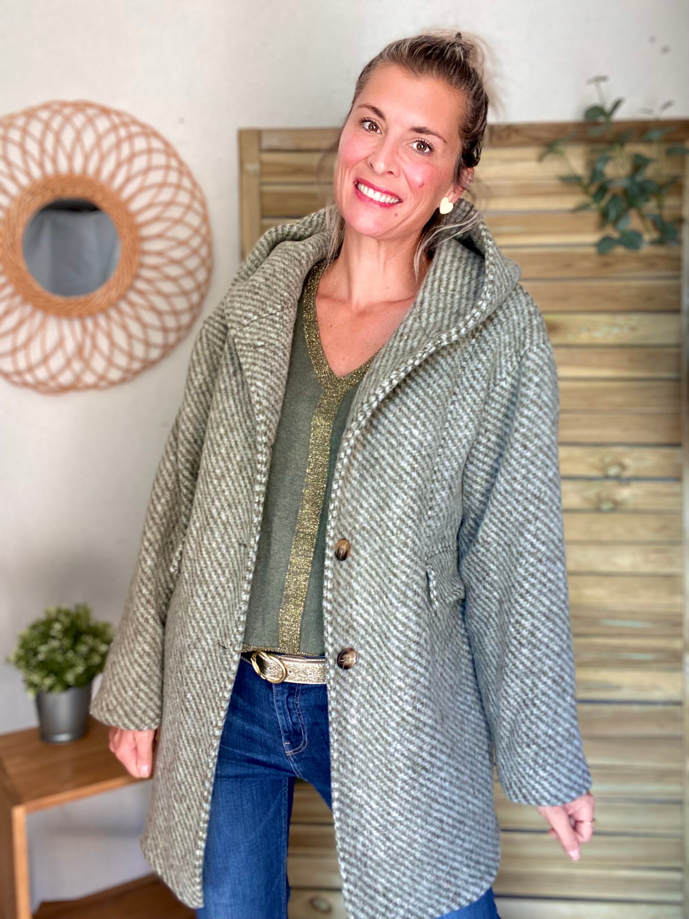 Manteau laine AGATHE avec détails Léo (étoile capuche) - Kaki