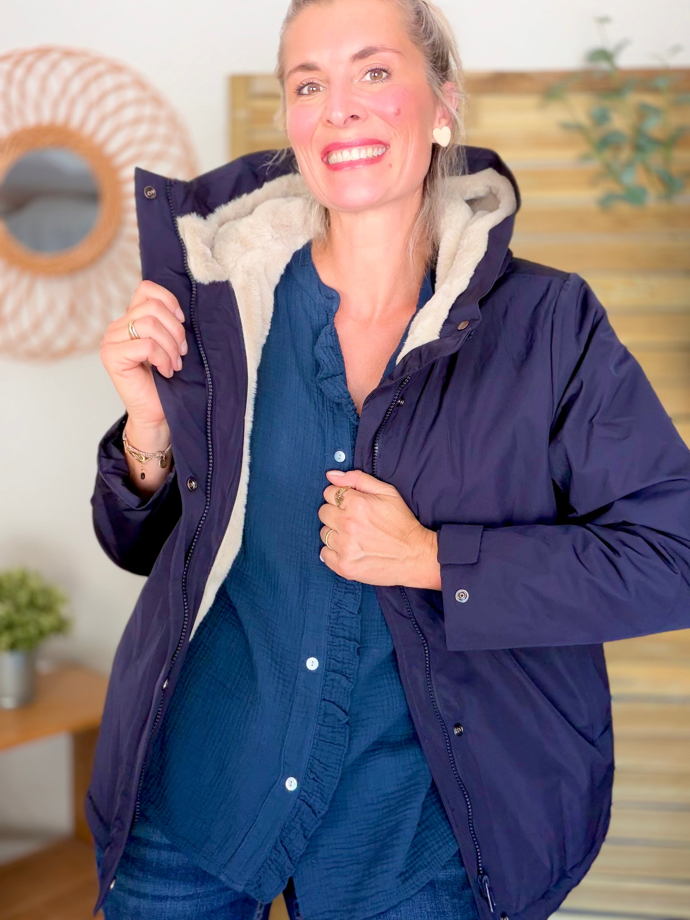 LAURA JO - Parka fourrée imperméable AMBRE MI-LONG - Bleu marine / Beige