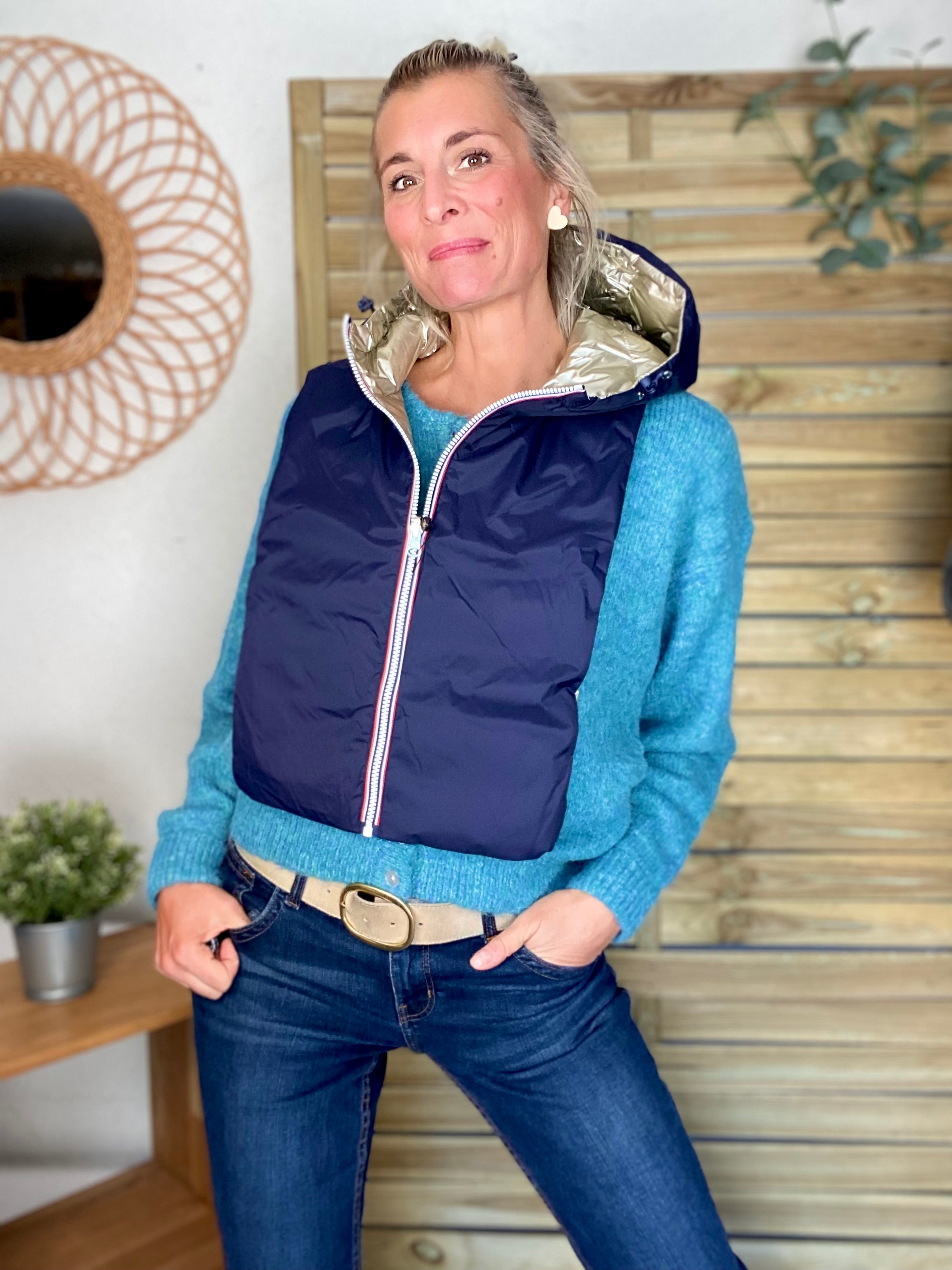 Col capuche amovible réversible  DANY - LAURA JO - Bleu Marine / Doré