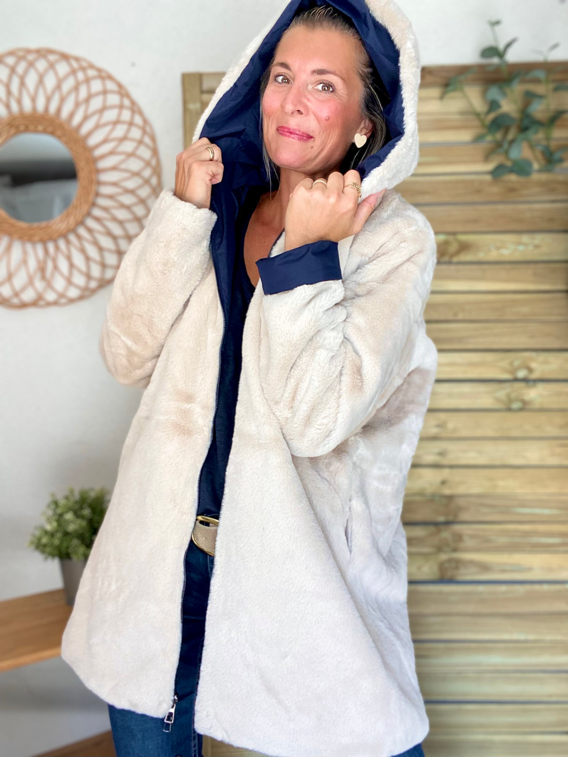 Parka Imperméable réversible fourrée Bleu marine / Beige ALIX - LAURA JO