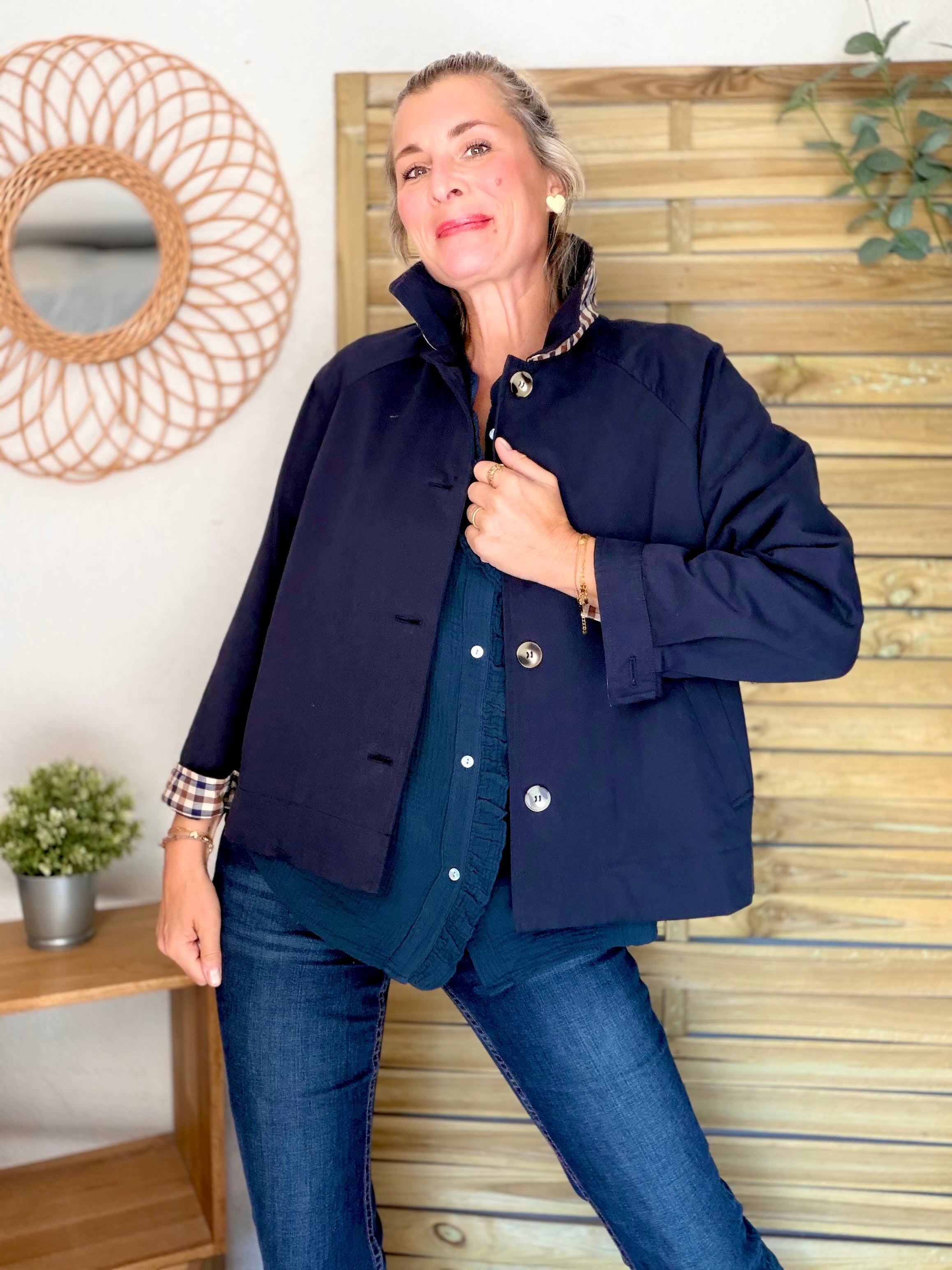 Veste Trench en coton avec carreaux - SOLÈNE Bleu marine