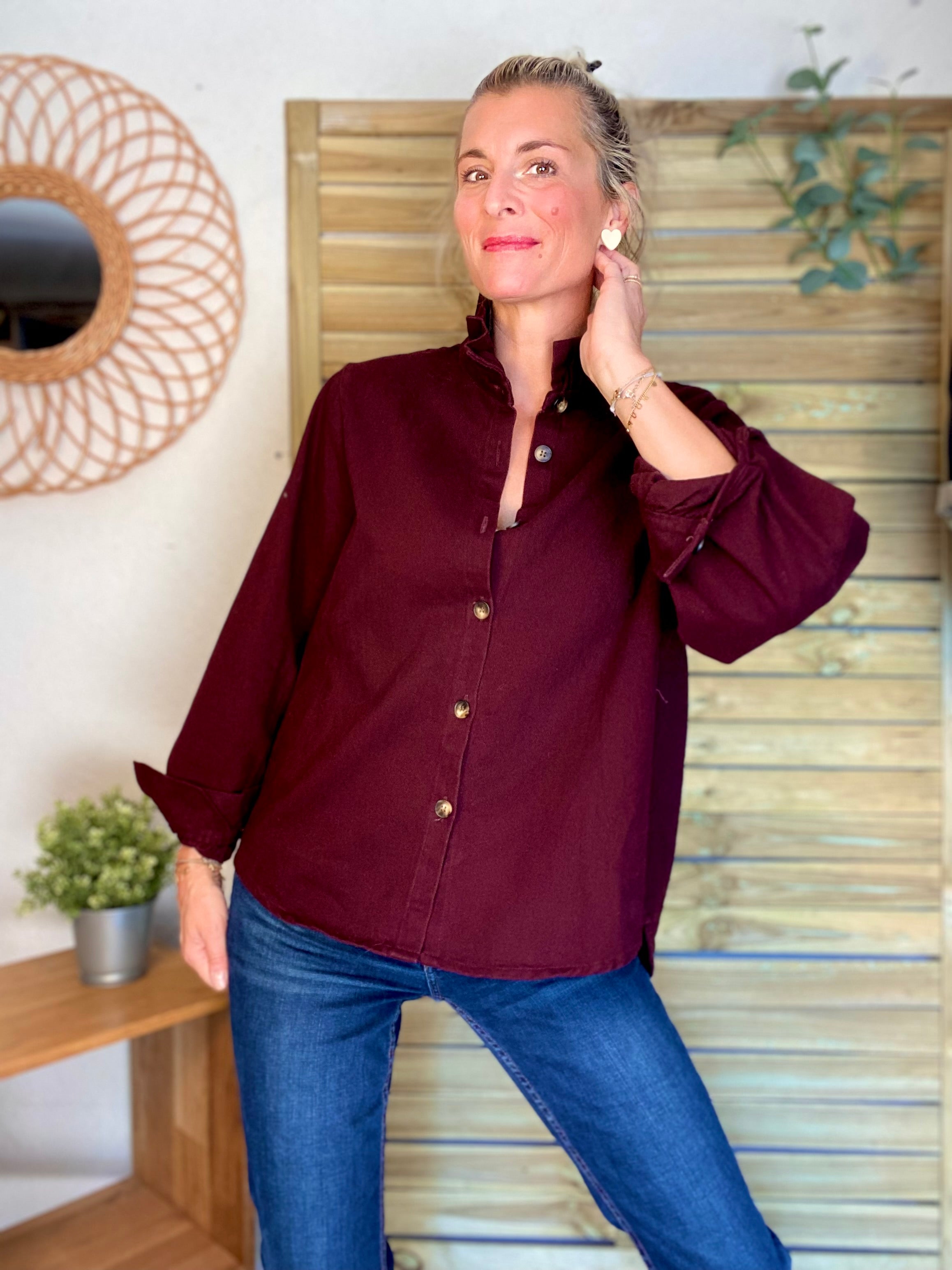 Veste / Chemise en coton, col victorien volanté LISA - Prune