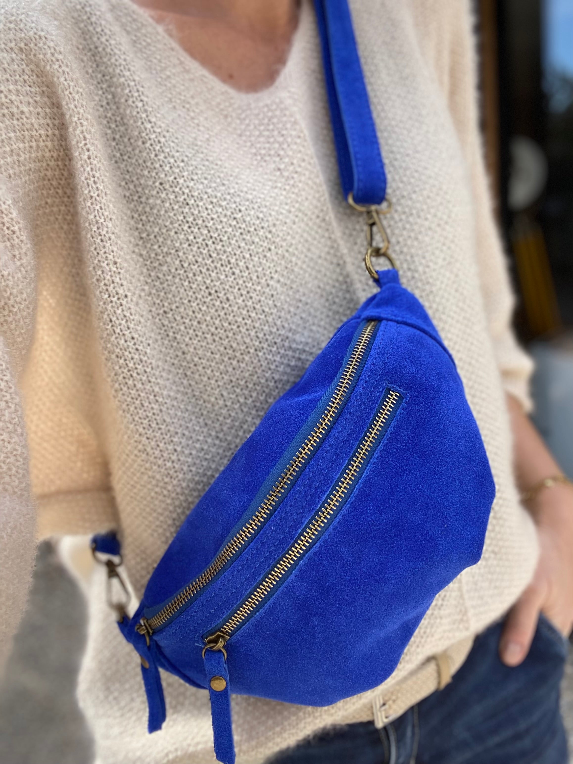 Sac banane double poche en cuir daim - OPALINE - Bleu roi (14 coloris)