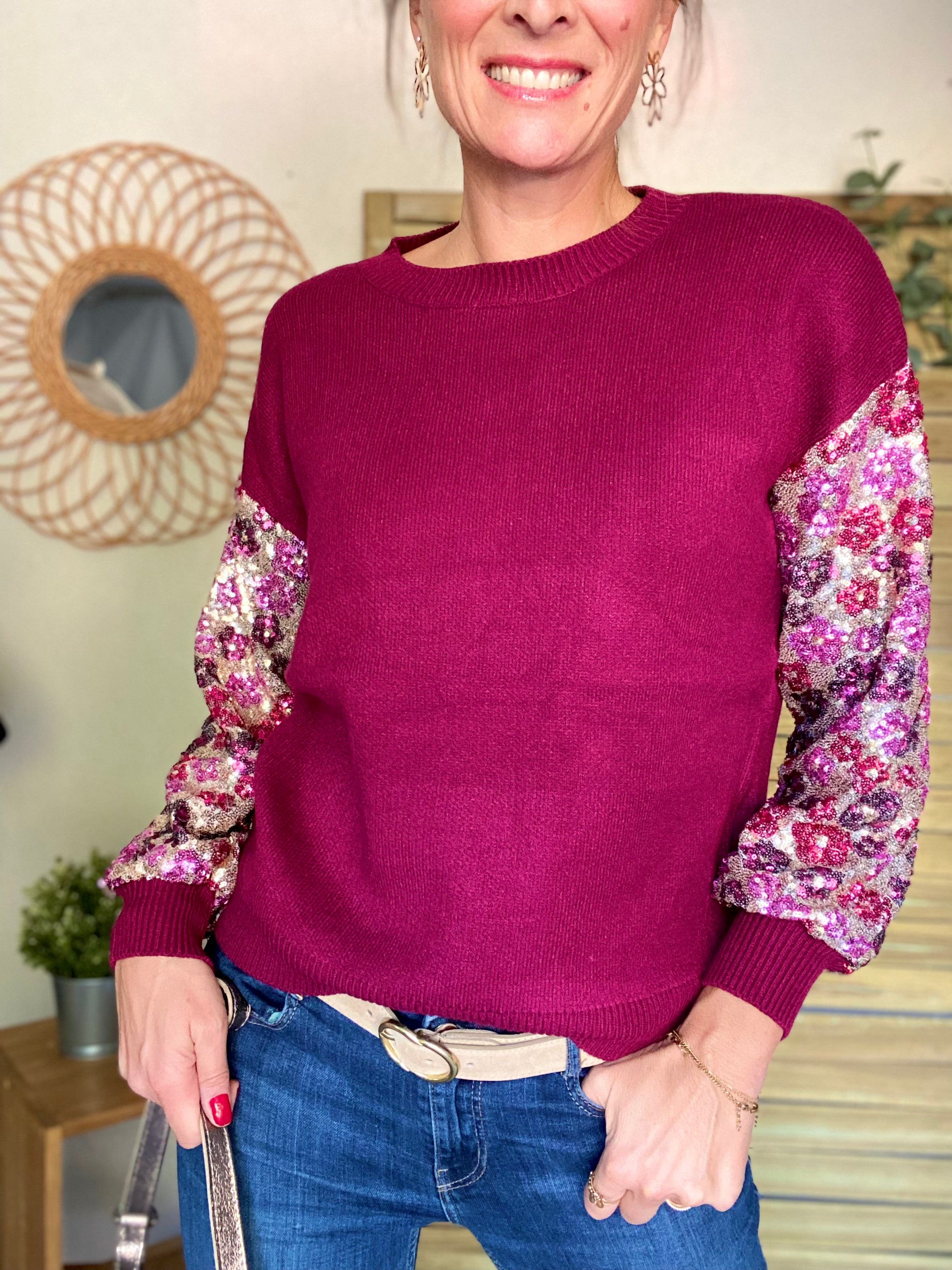 Pull ANDRÉA avec manches à sequins motif fleurs - Bordeaux