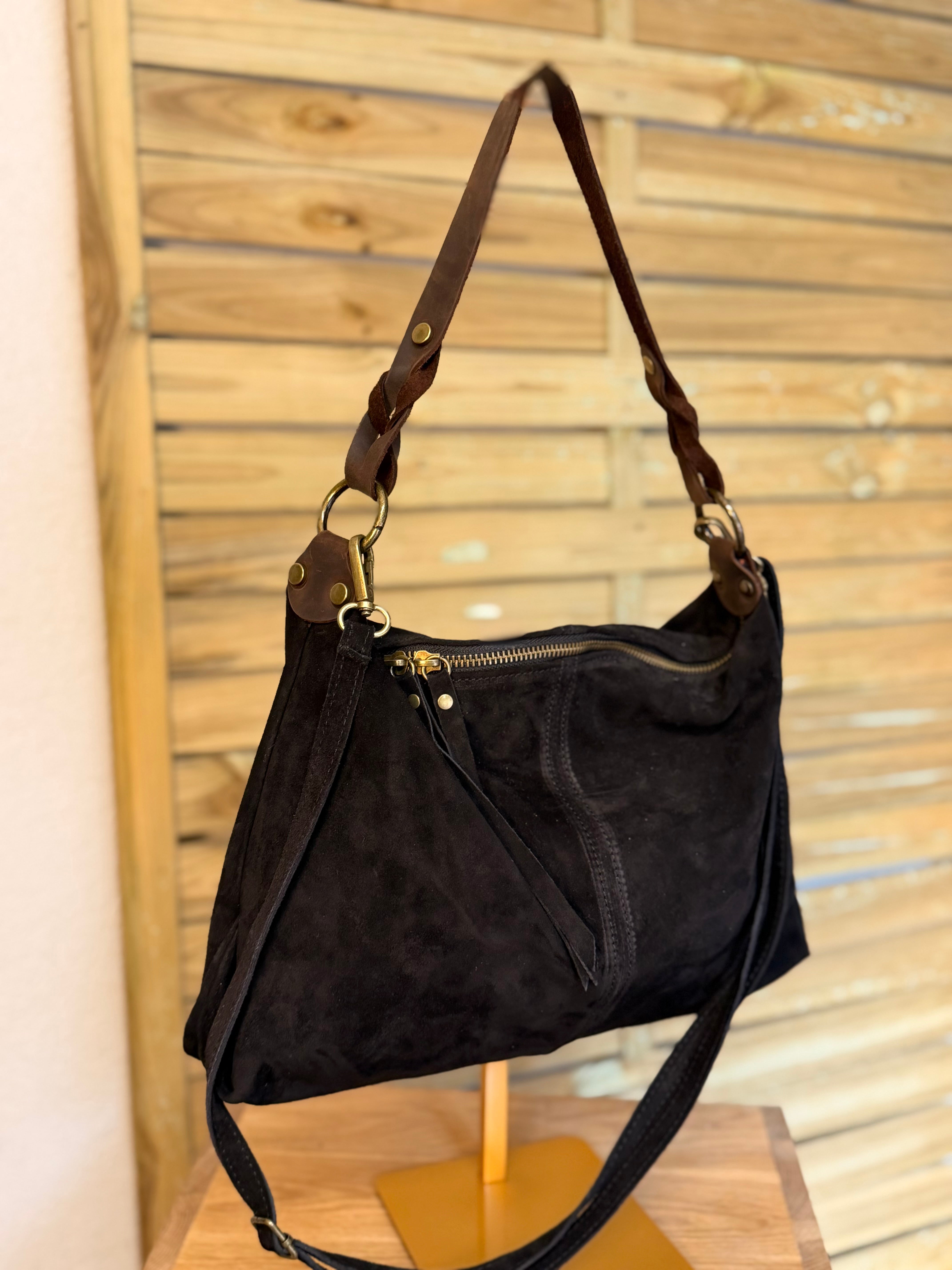 Sac hobo en cuir daim souple, double bandoulière ANDREW Noir