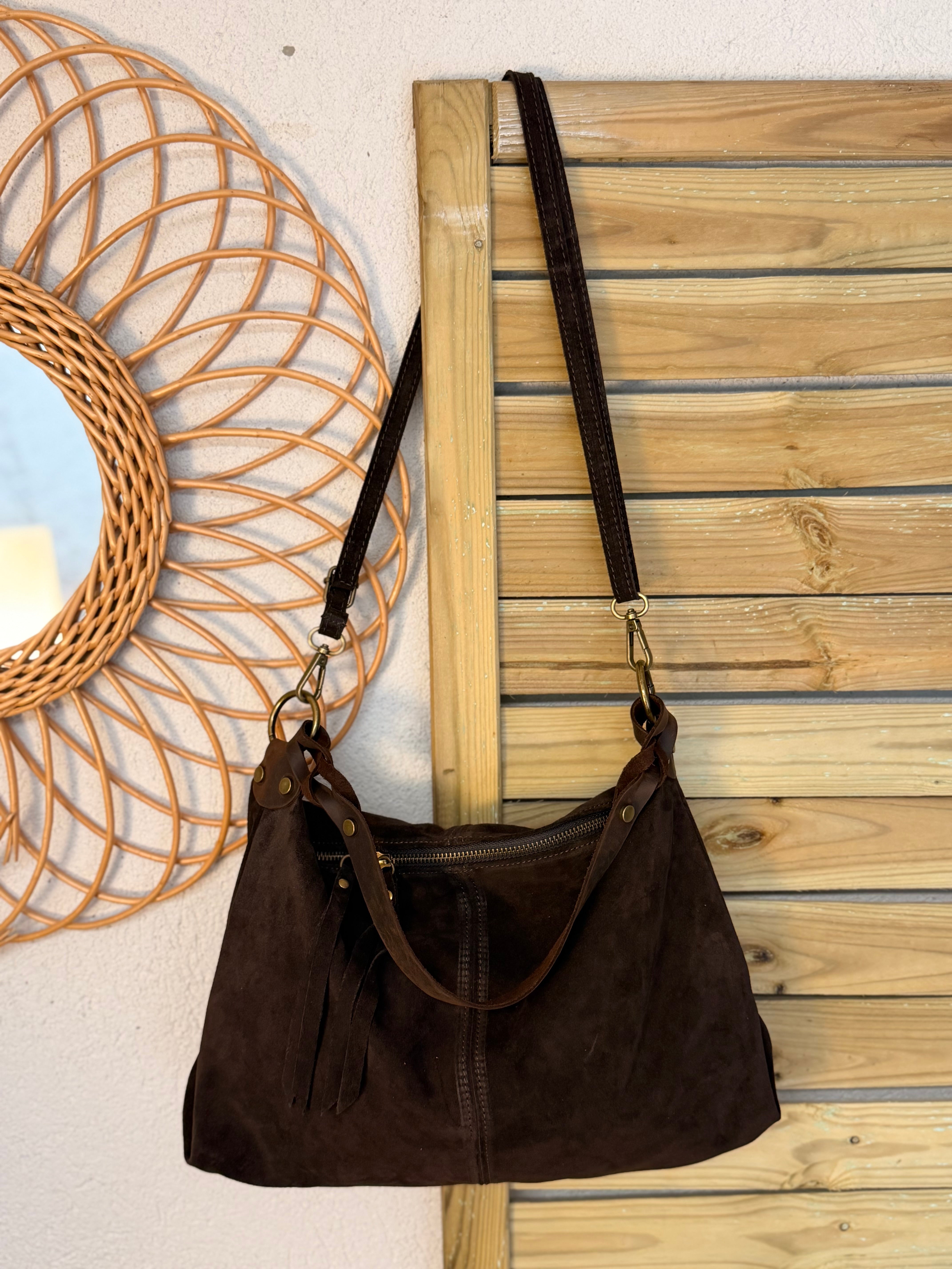 Sac hobo en cuir daim souple, double bandoulière ANDREW Chocolat