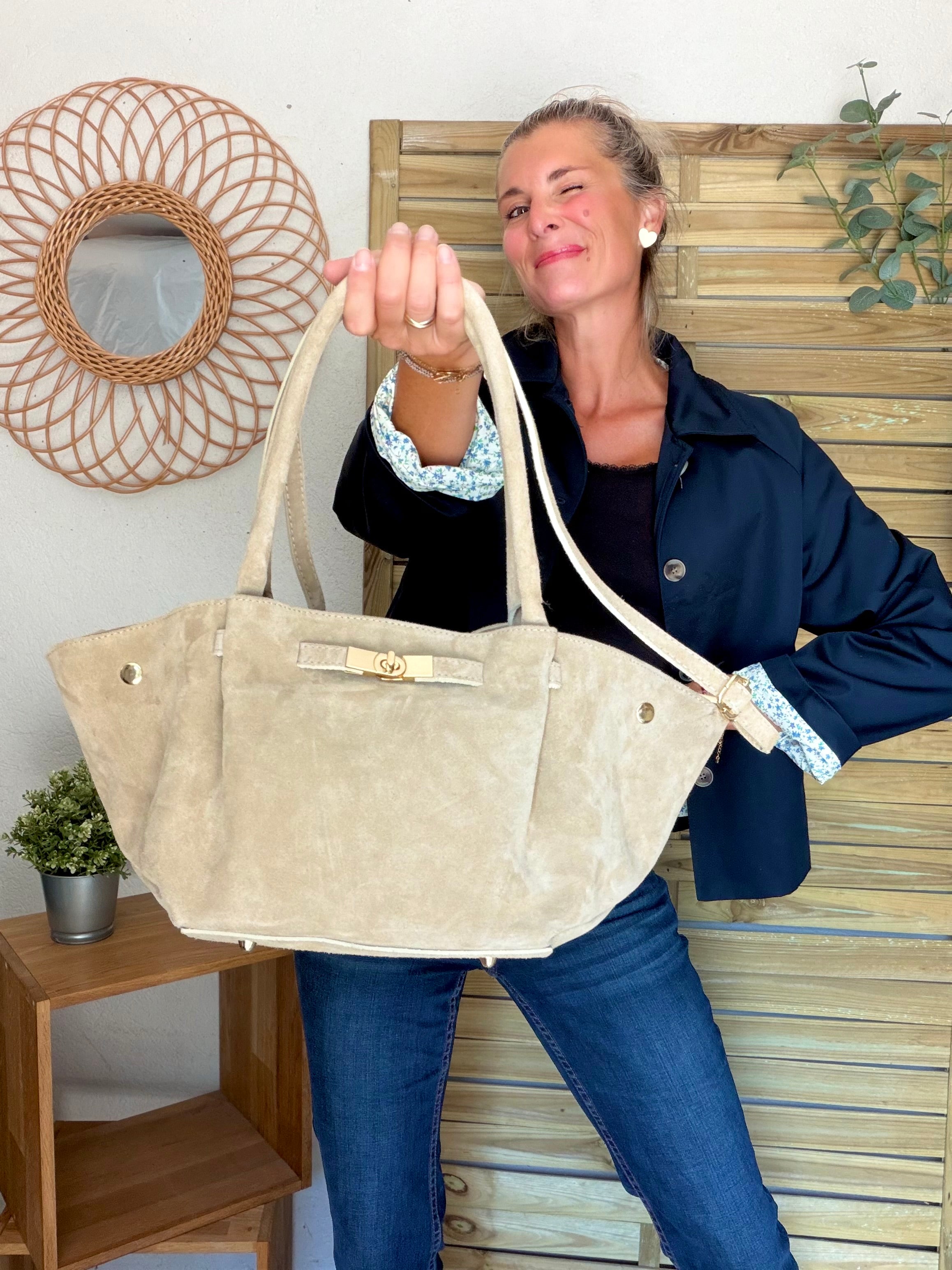 Sac cabas en cuir daim HANA - Beige