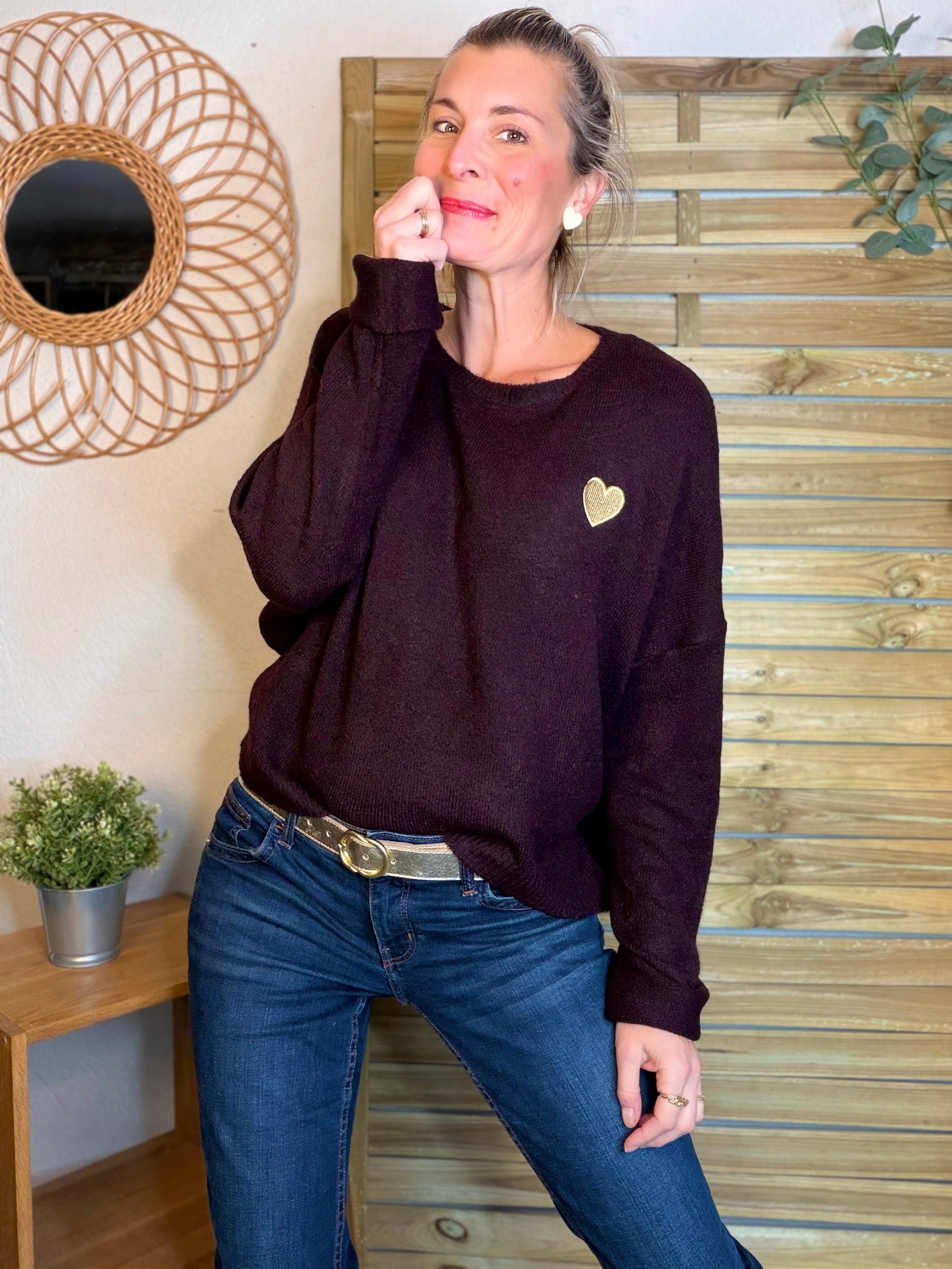 Pull léger en maille cœur doré brodé 💛 MELISSA - Aubergine