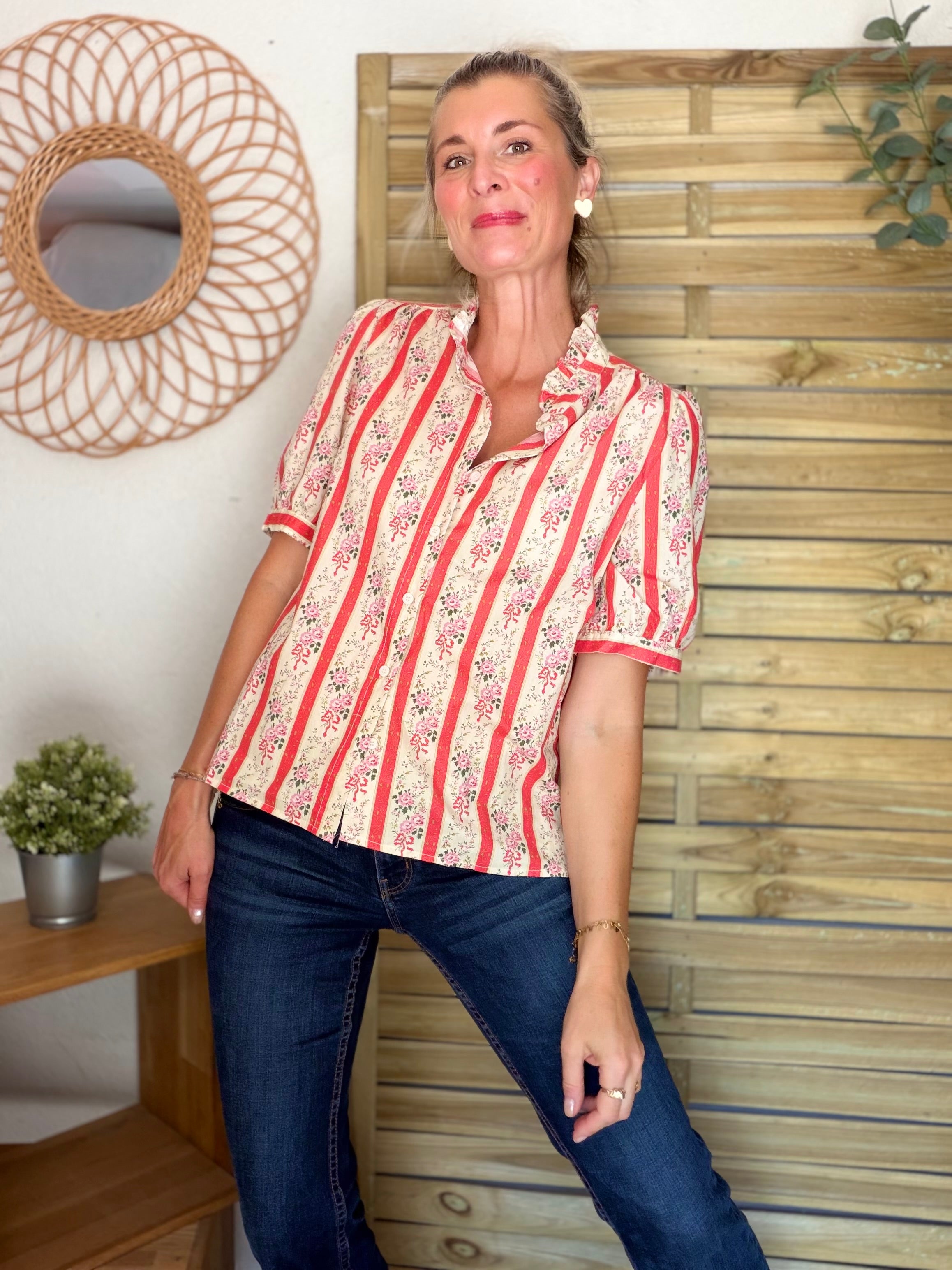 Blouse fleurie rayures VALENTINE Corail