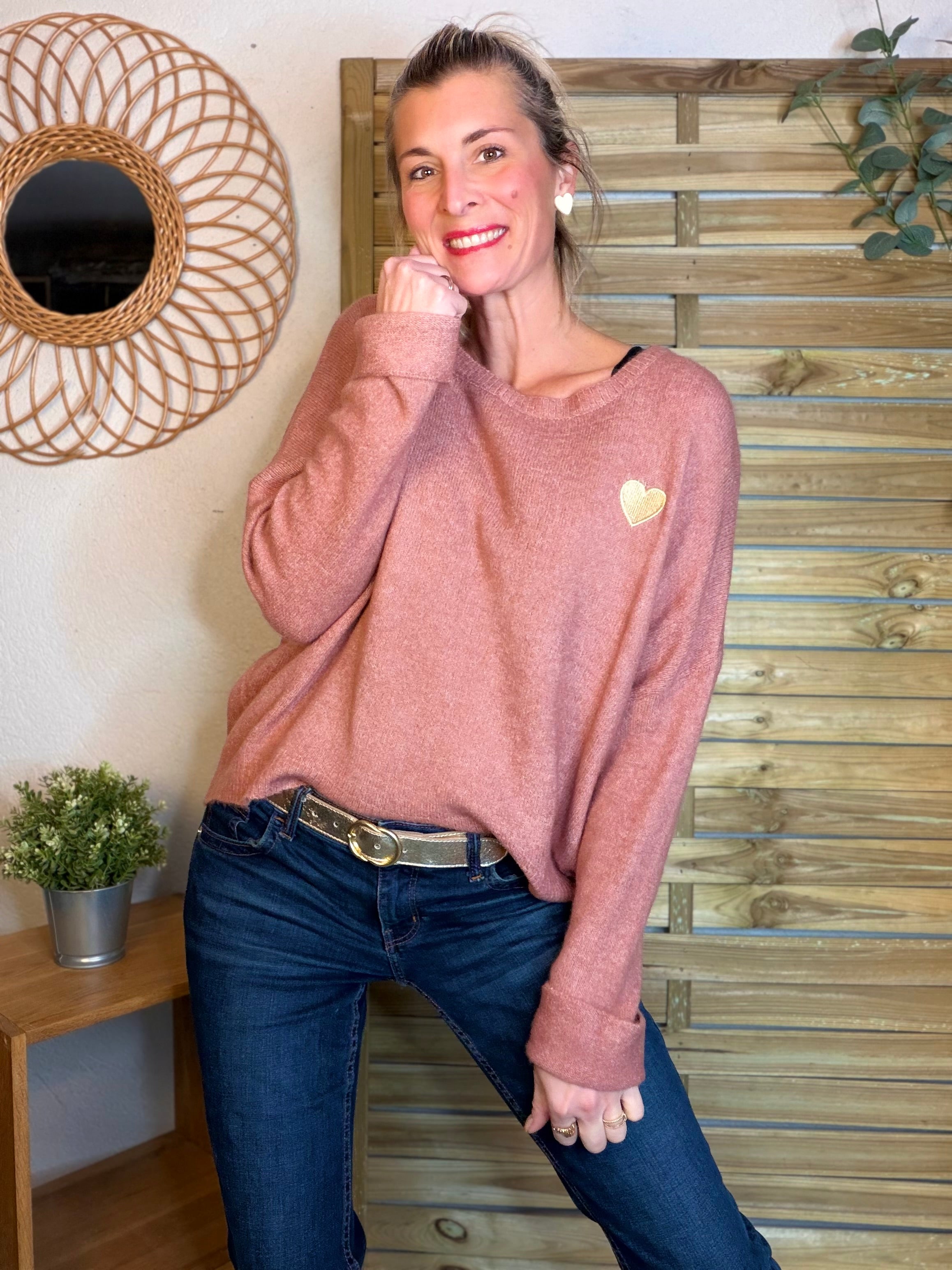 Pull léger en maille cœur doré brodé 💛 MELISSA - Vieux rose