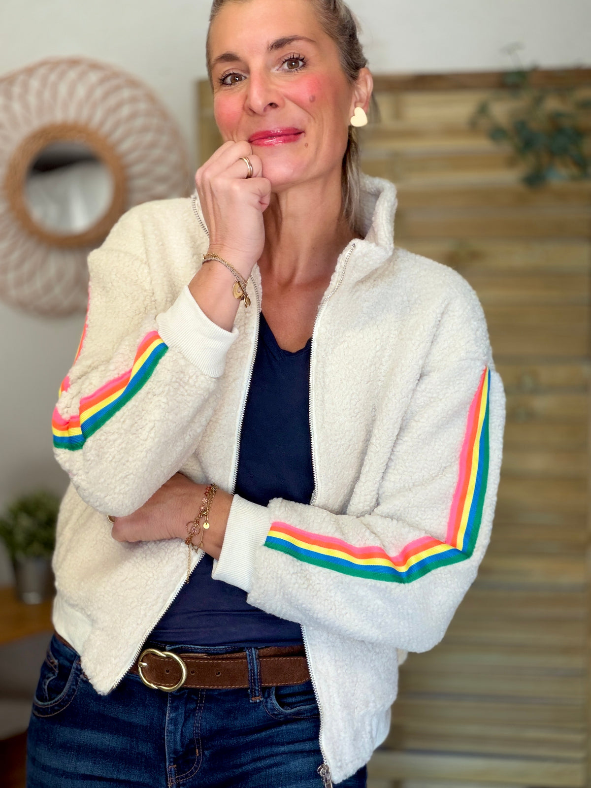 Veste Sherpa zippée bandes Arc-en-ciel CORALIE Beige🌈