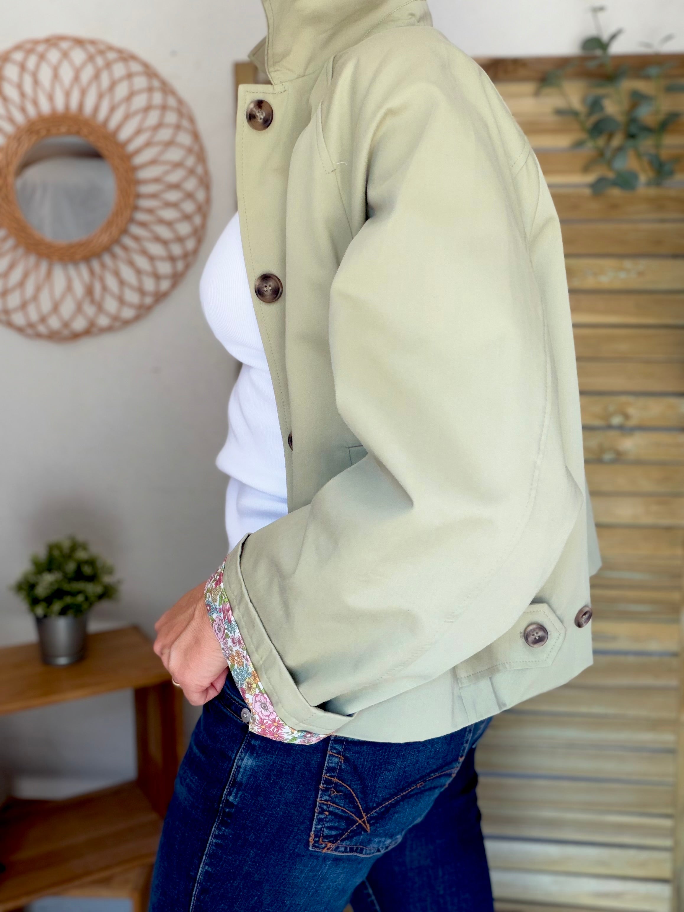 Veste Trench en coton Vert amande avec Liberty - MAHAUT - LILI et LALA