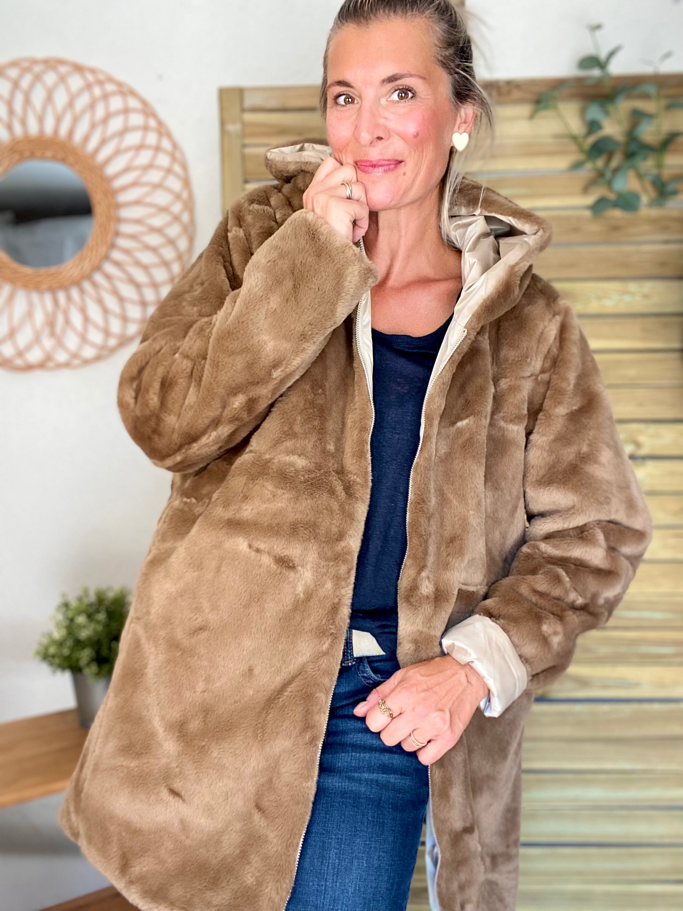Parka Imperméable réversible fourrée Sable irisé / Camel ALIX - LAURA JO
