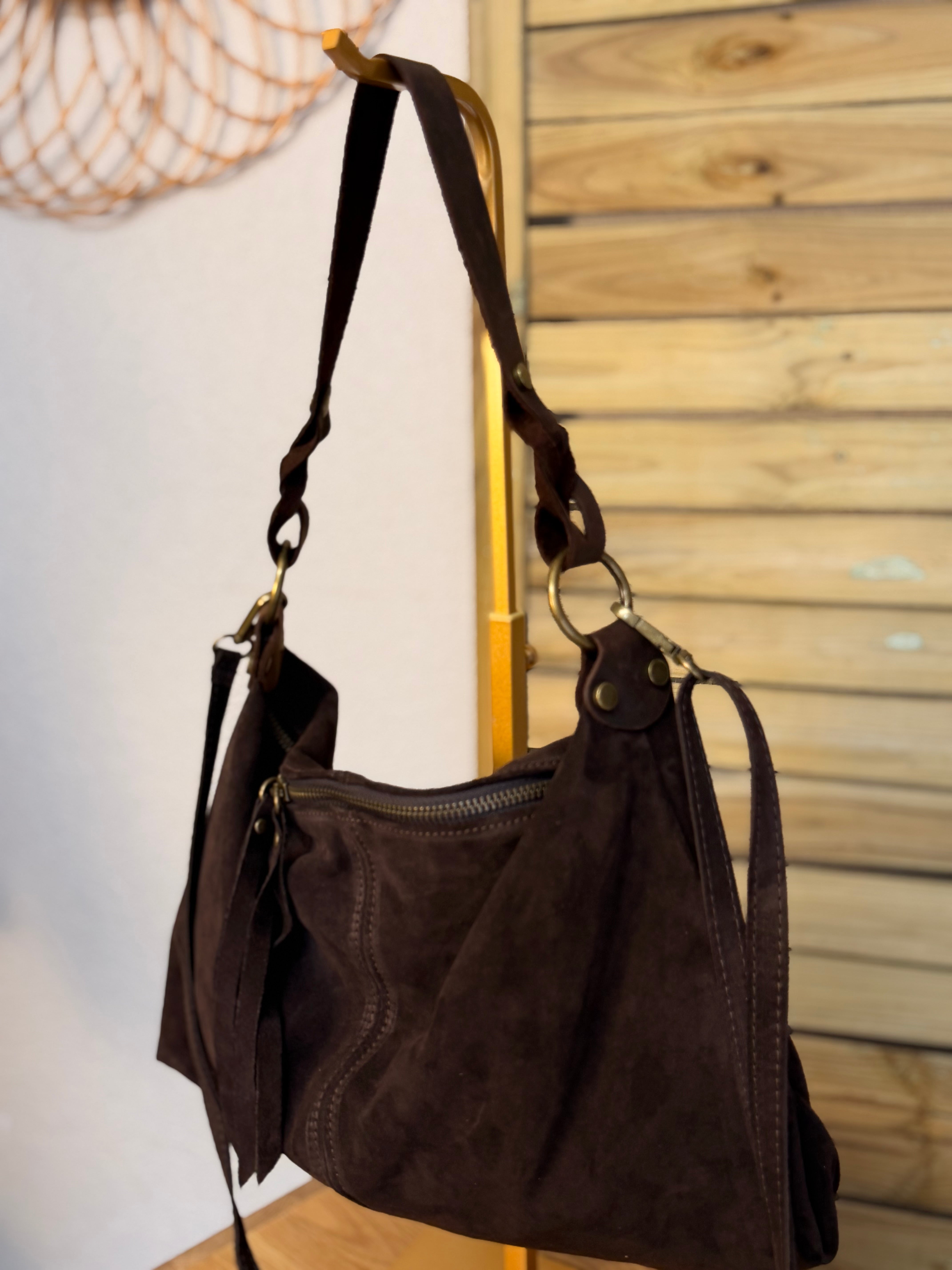 Sac hobo en cuir daim souple, double bandoulière ANDREW Chocolat