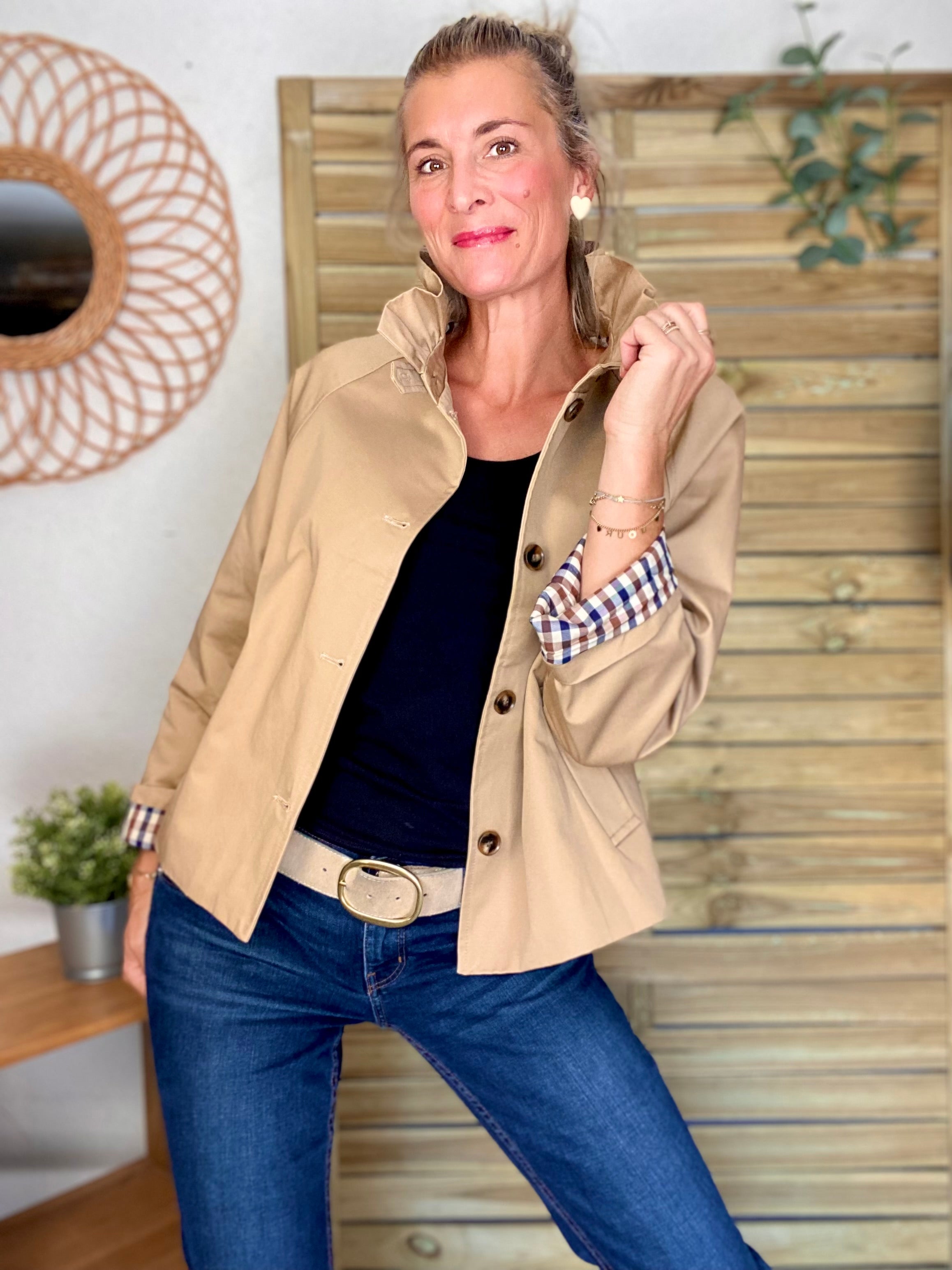 Veste Trench col victorien avec vichy - VICKY Beige