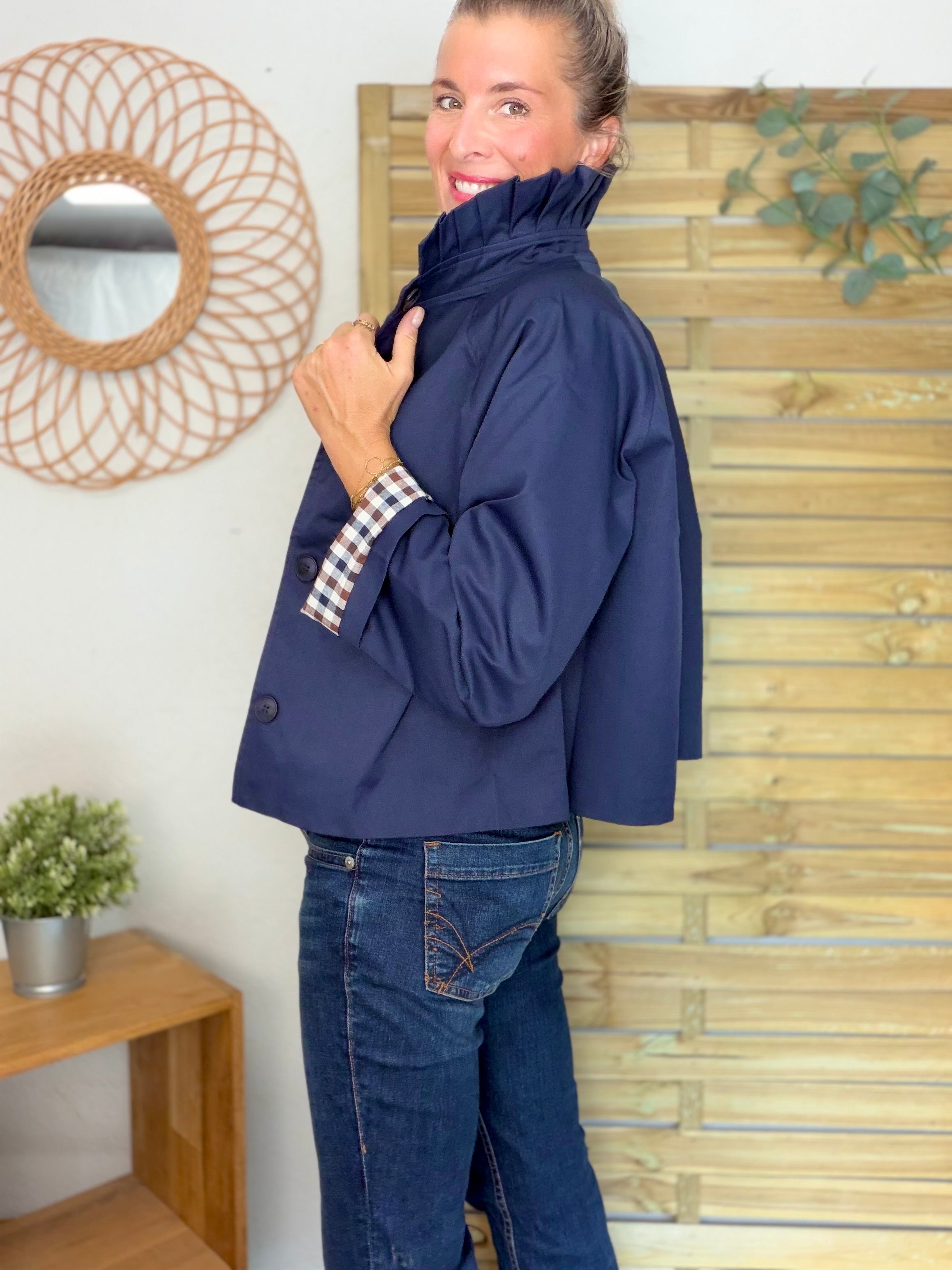 Veste Trench col victorien, revers carreaux - VICKY Bleu marine