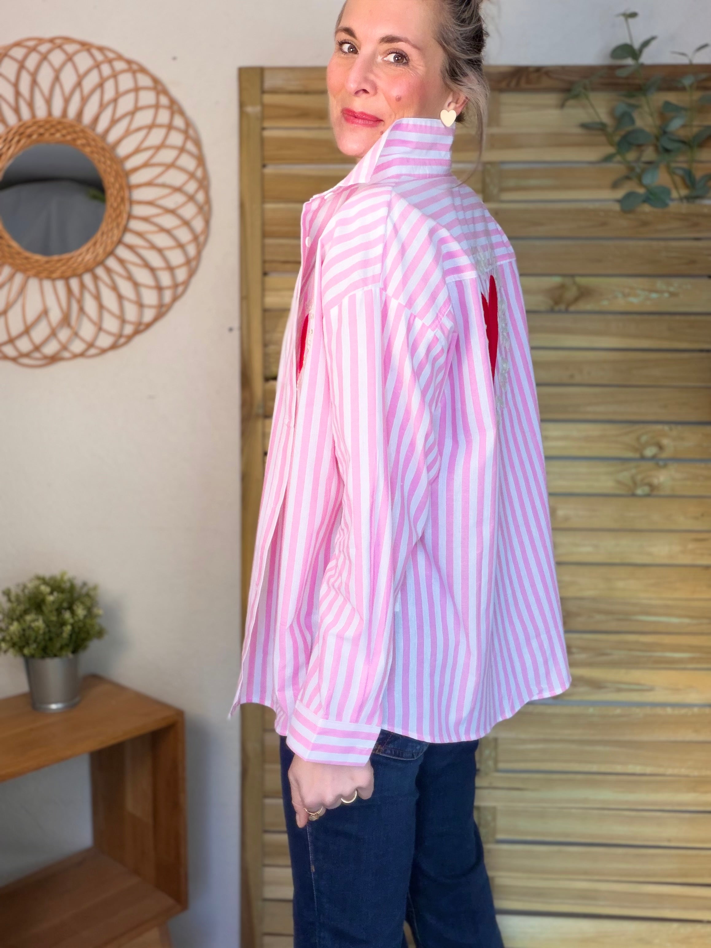 Chemise rose rayée brodée QUE DU LOVE ❤️ SERENA