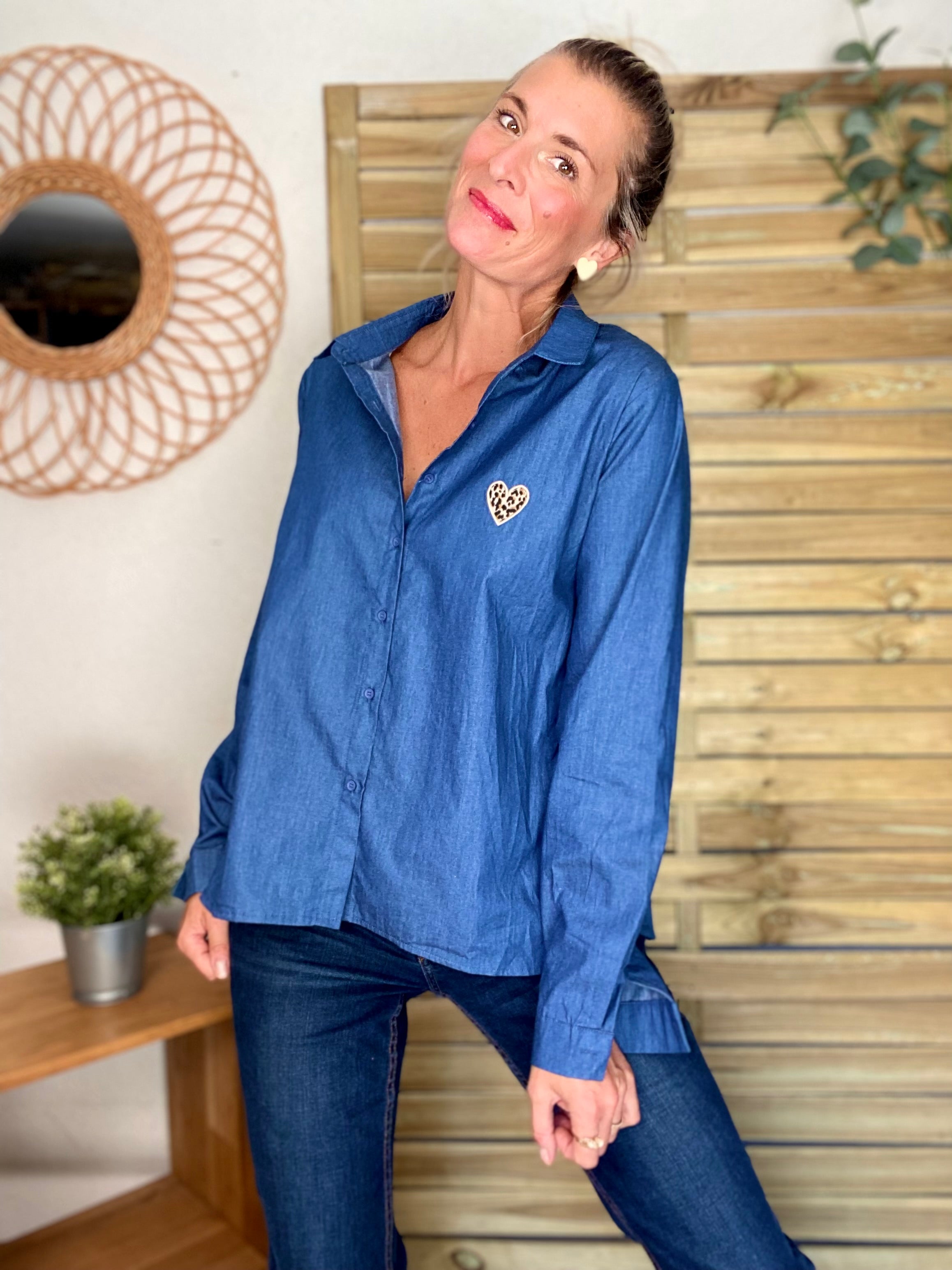 Chemise en coton brodé coeur Léo 🐆 LISE - Bleu jean