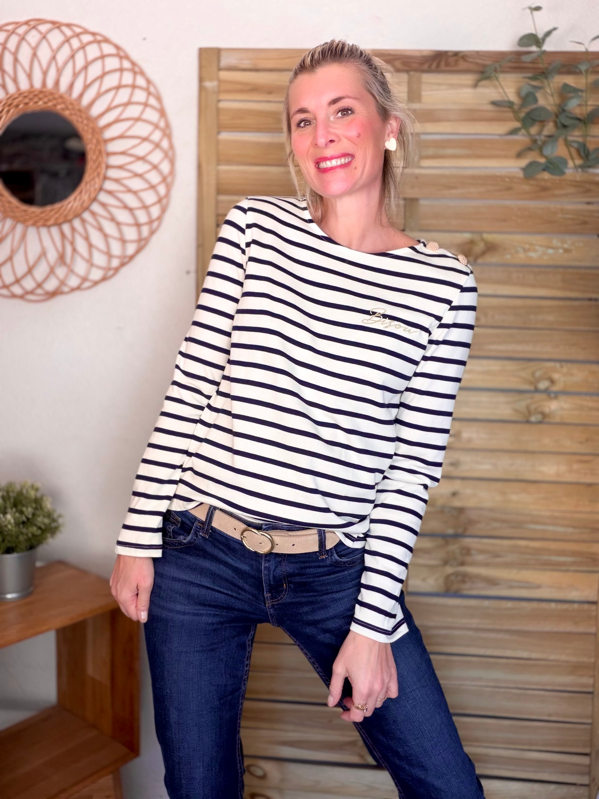 Tee shirt marinière Bisou doré SOLVEIG bleu marine