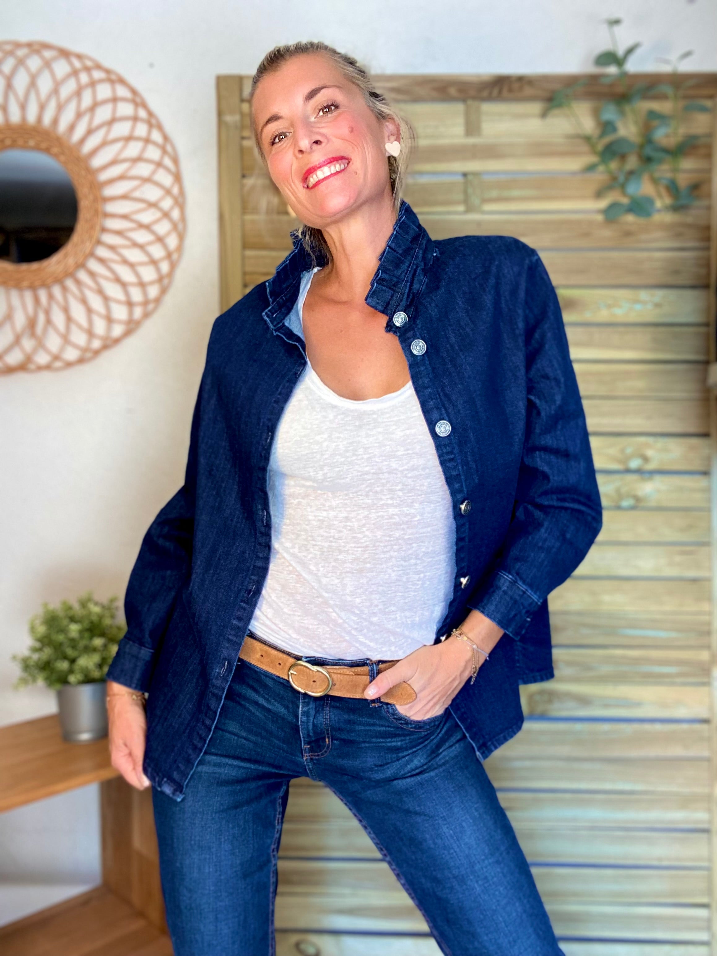 Veste / Chemise en coton, col victorien volanté Bleu Jean LISON