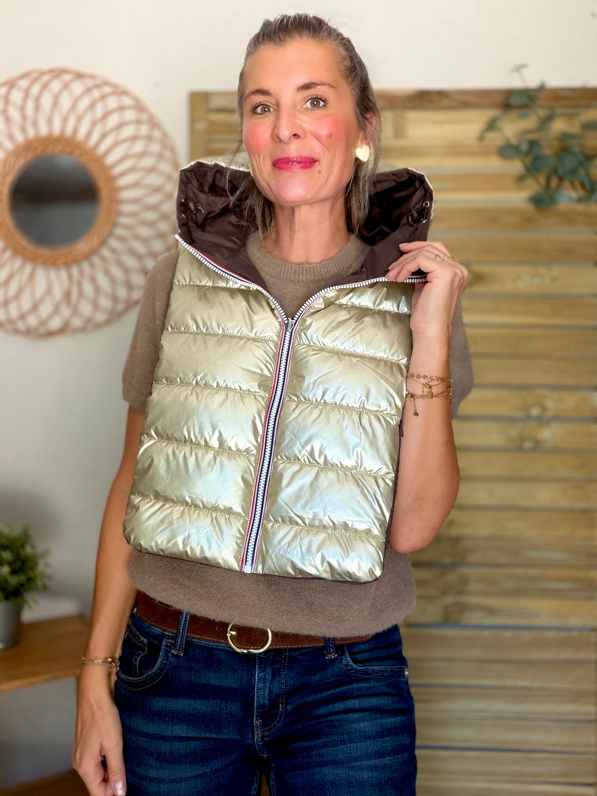LAURA JO - Col capuche amovible réversible  DANY - Choco / Doré