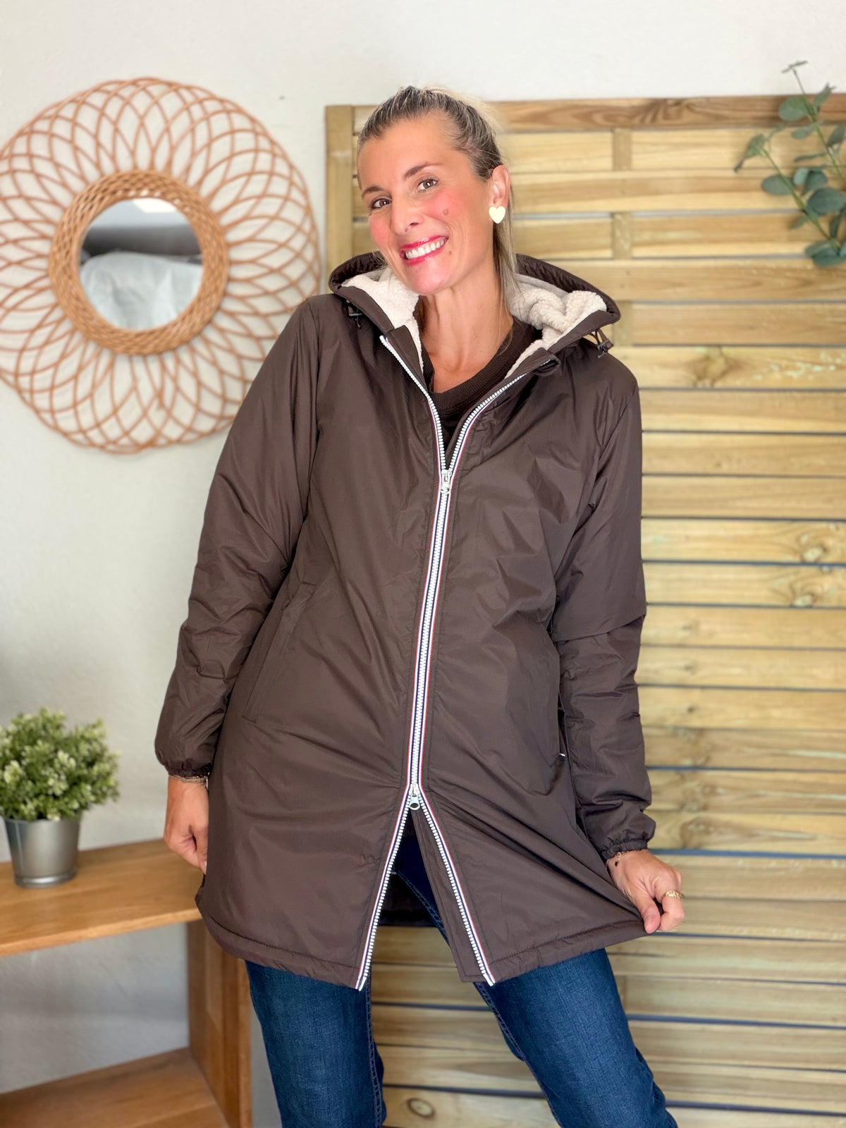 LAURA JO - Parka Imperméable LOUISE LONG Sherpa écru - Chocolat