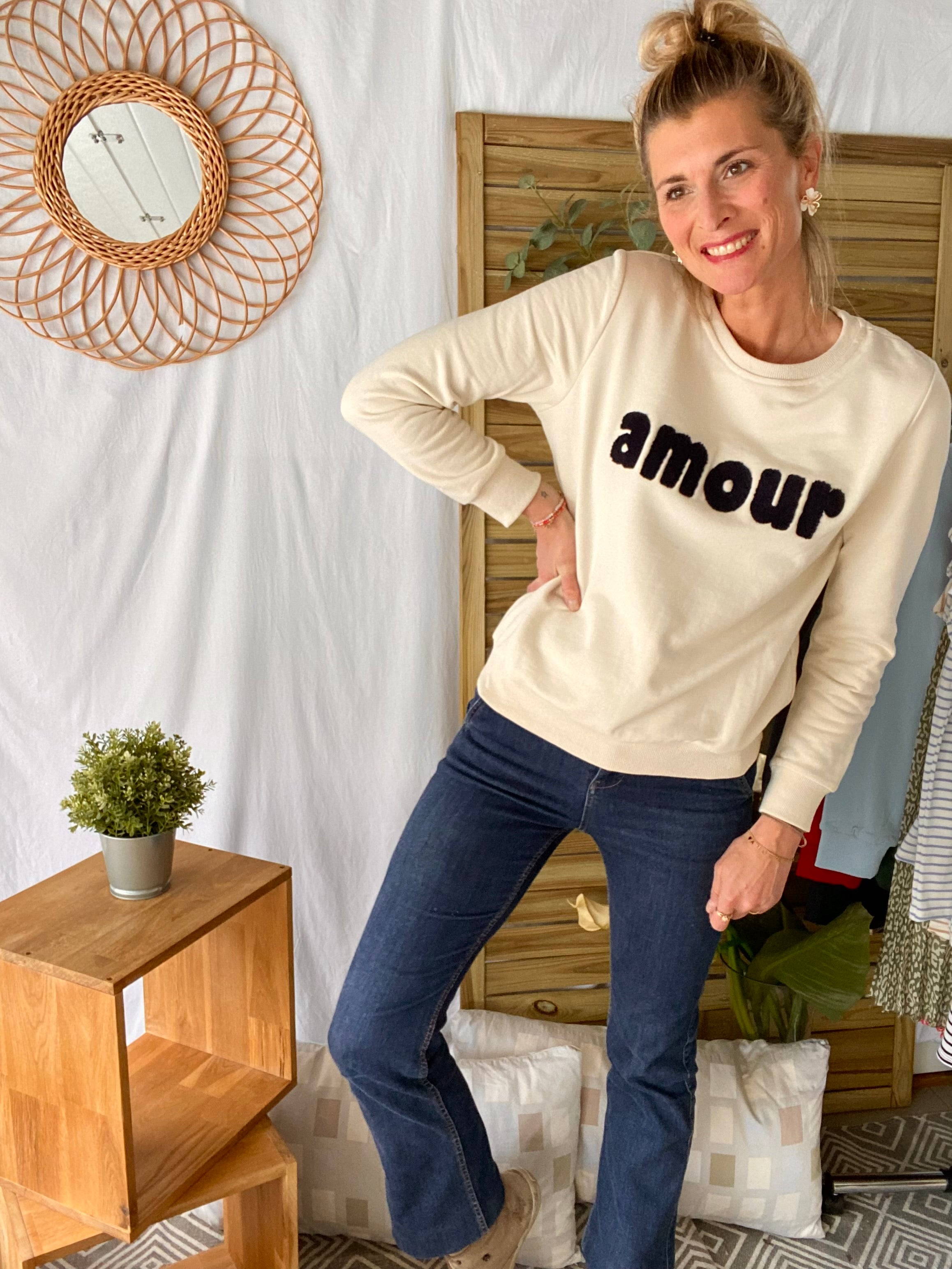 Sweat amour en coton GABRIELLE - Écru/marine - FIN DE SÉRIE
