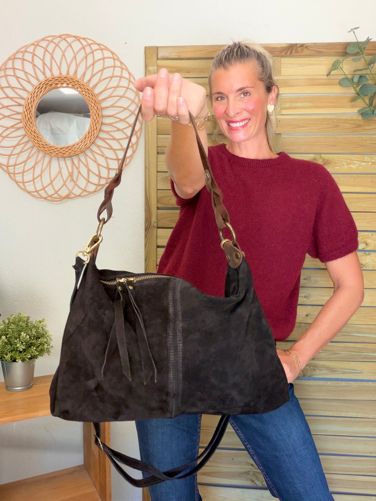 Sac hobo en cuir daim souple, double bandoulière ANDREW Noir