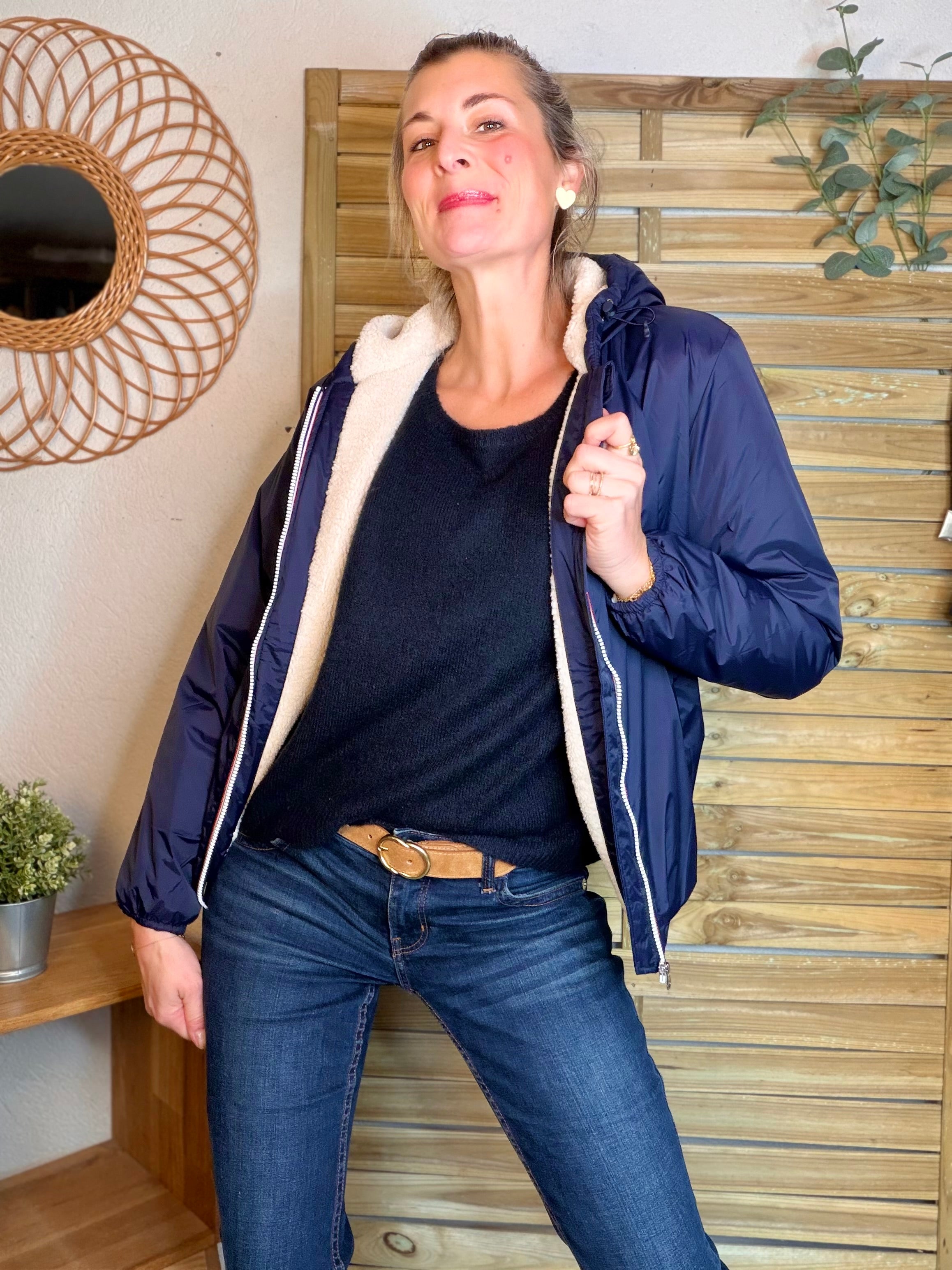 Parka Imperméable LOUISE COURT sherpa - Bleu marine - LAURA JO (DÉSTOCKAGE Taille L)