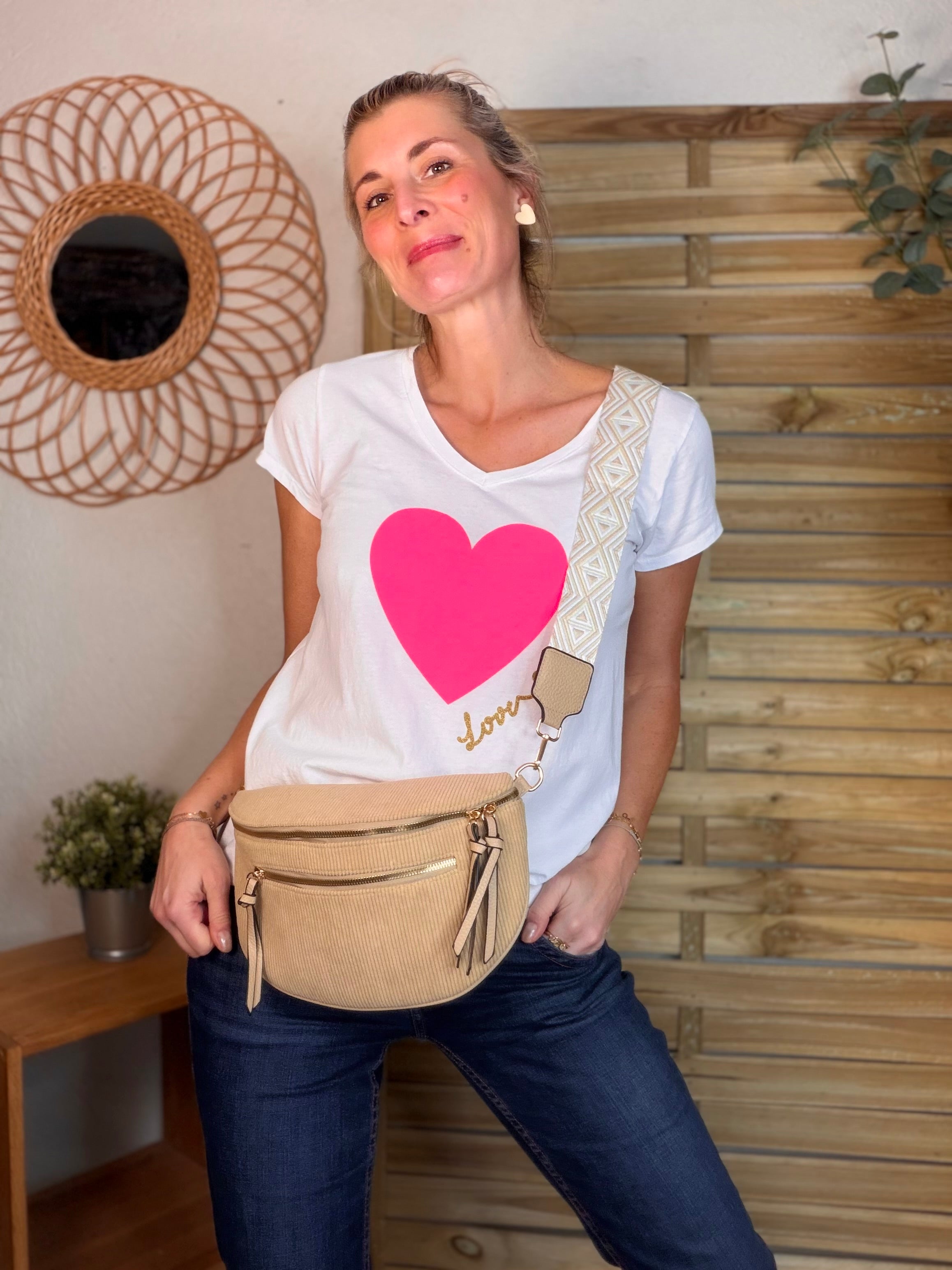 Sac banane en velours côtelé, sangle fantaisie - KATY - Camel clair