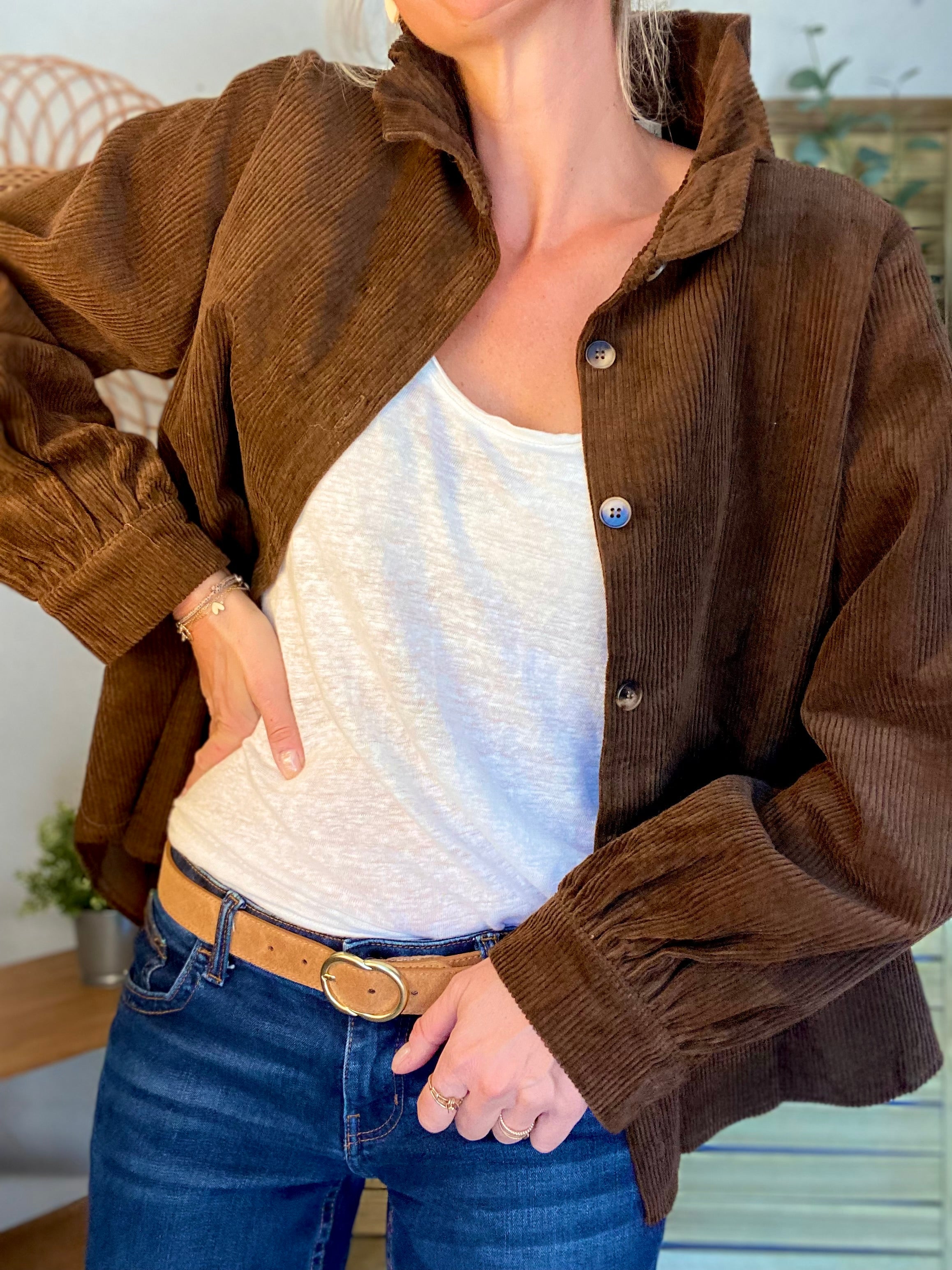 Veste / Chemise en coton, col victorien volanté YVONNE - Velours Chocolat