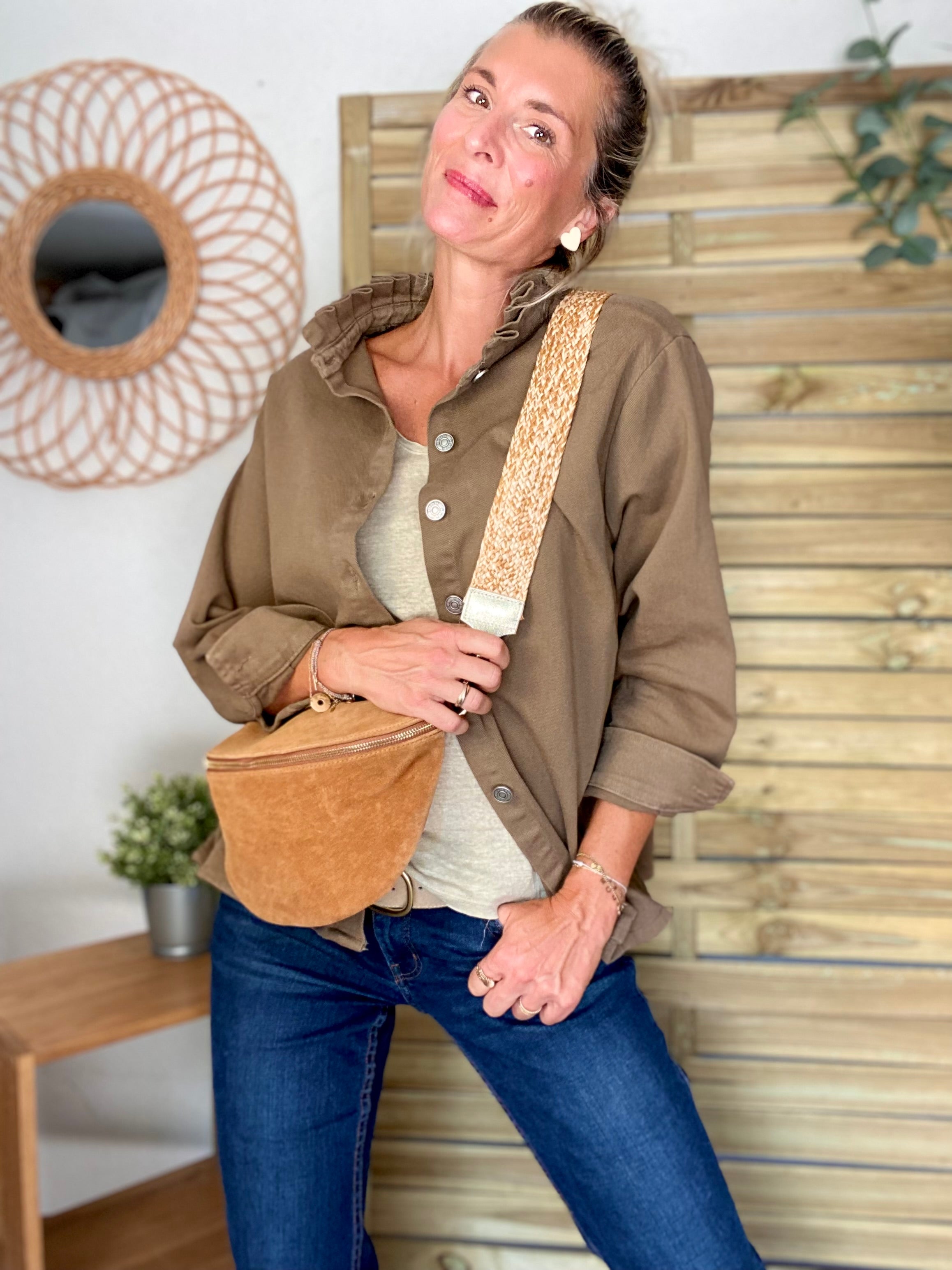 Veste / Chemise en coton, col volanté Camel foncé LISON