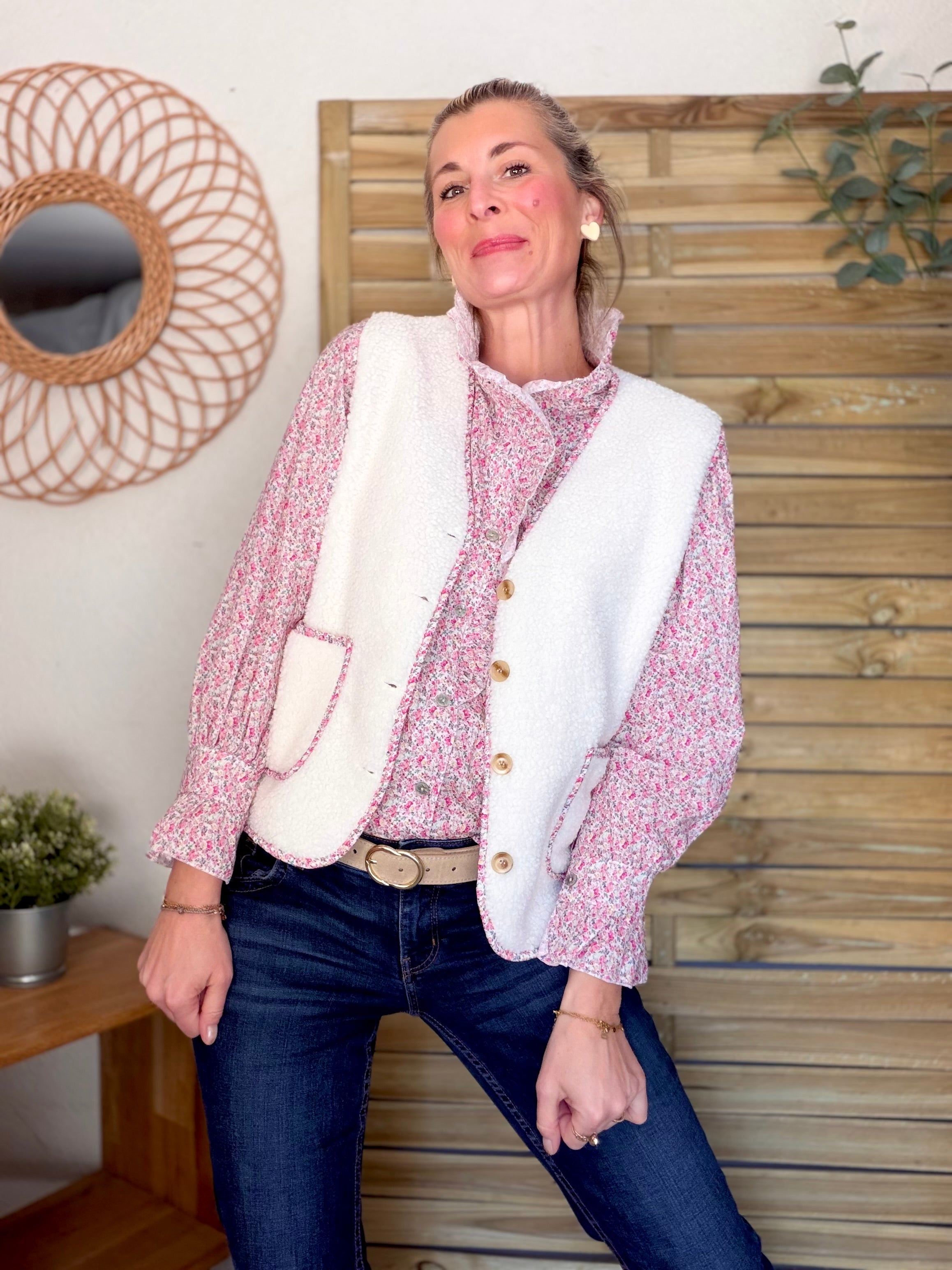Gilet moumoute sans manche Liberty MARTHE Écru / Rose