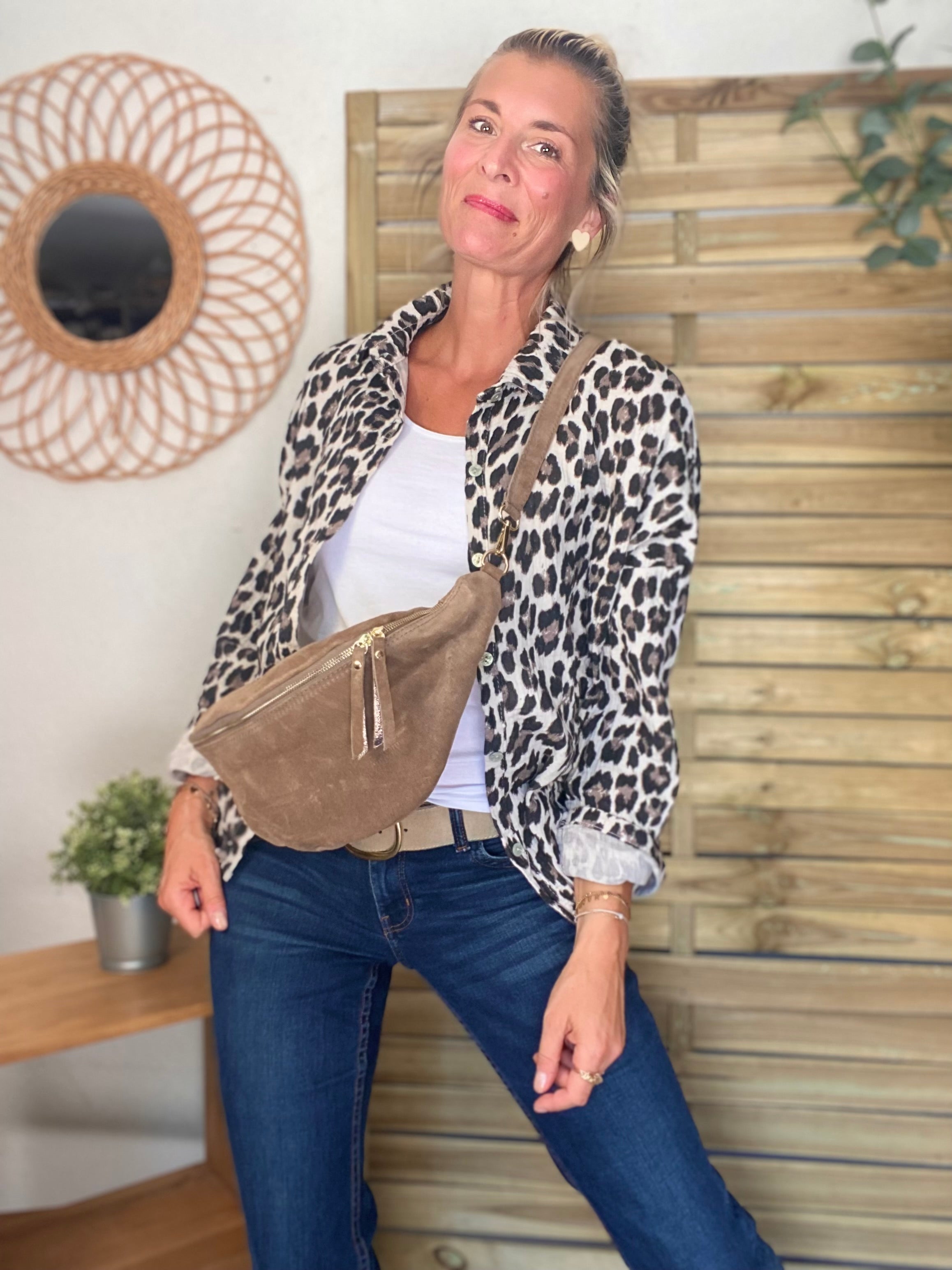 Chemise en gaze de coton imprimé Léo MARCIA - Beige / Taupe