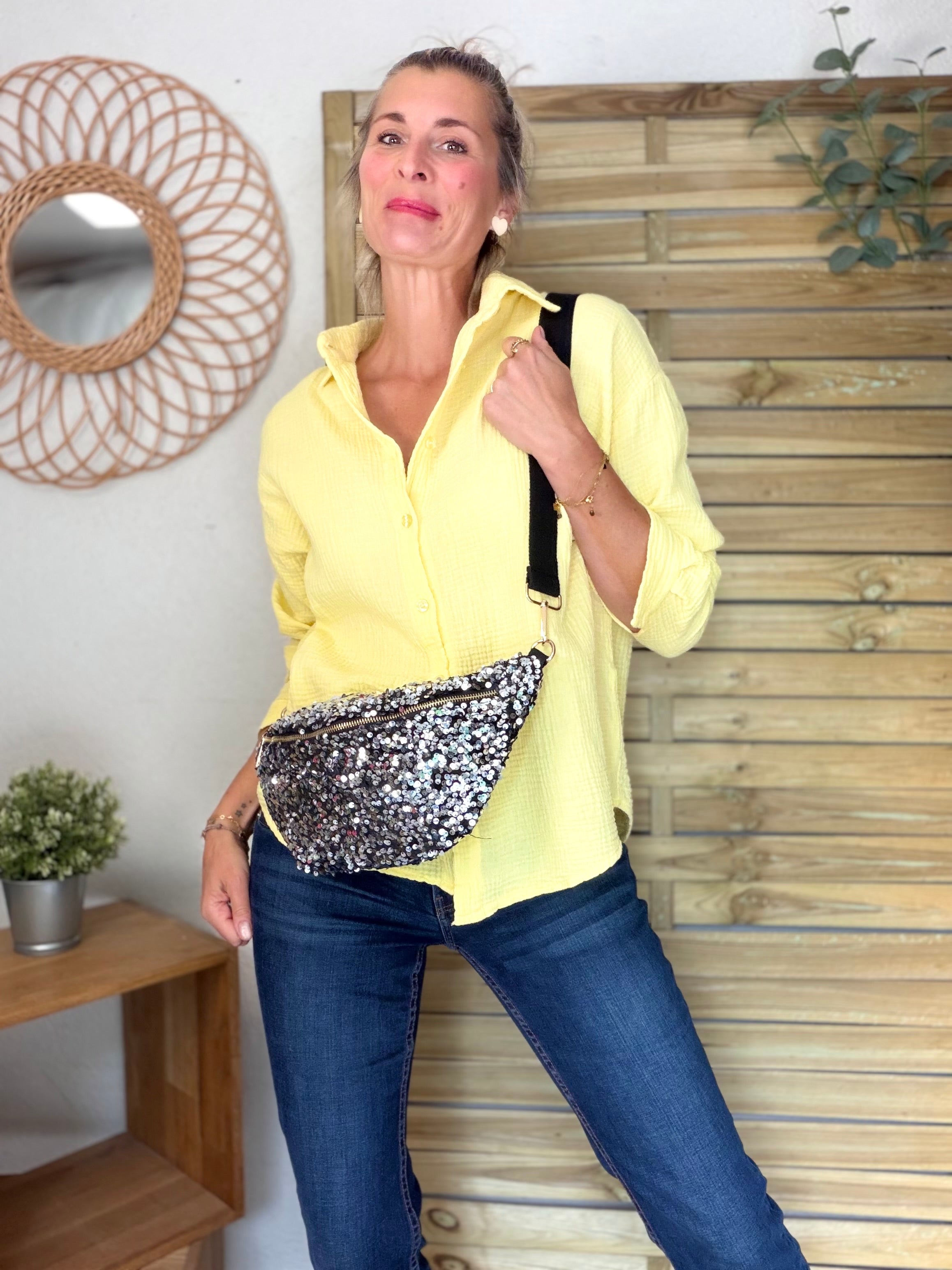Sac banane L velours à sequins Ciao Boum- TAYLOR - Noir / Argent