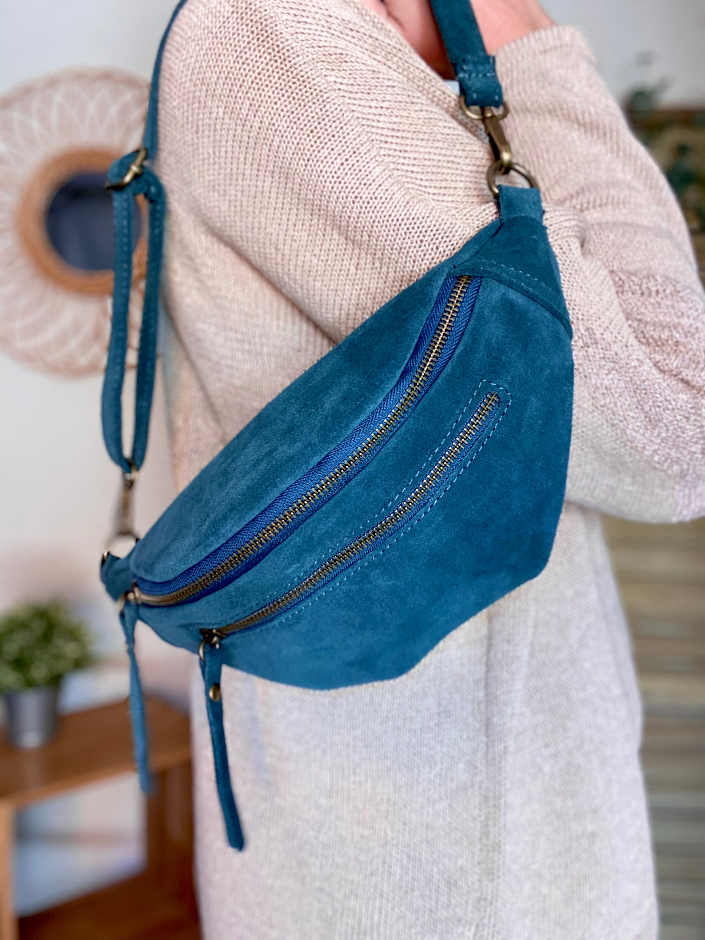 Sac banane double poche en cuir daim - OPALINE - Bleu pétrole (14 coloris)