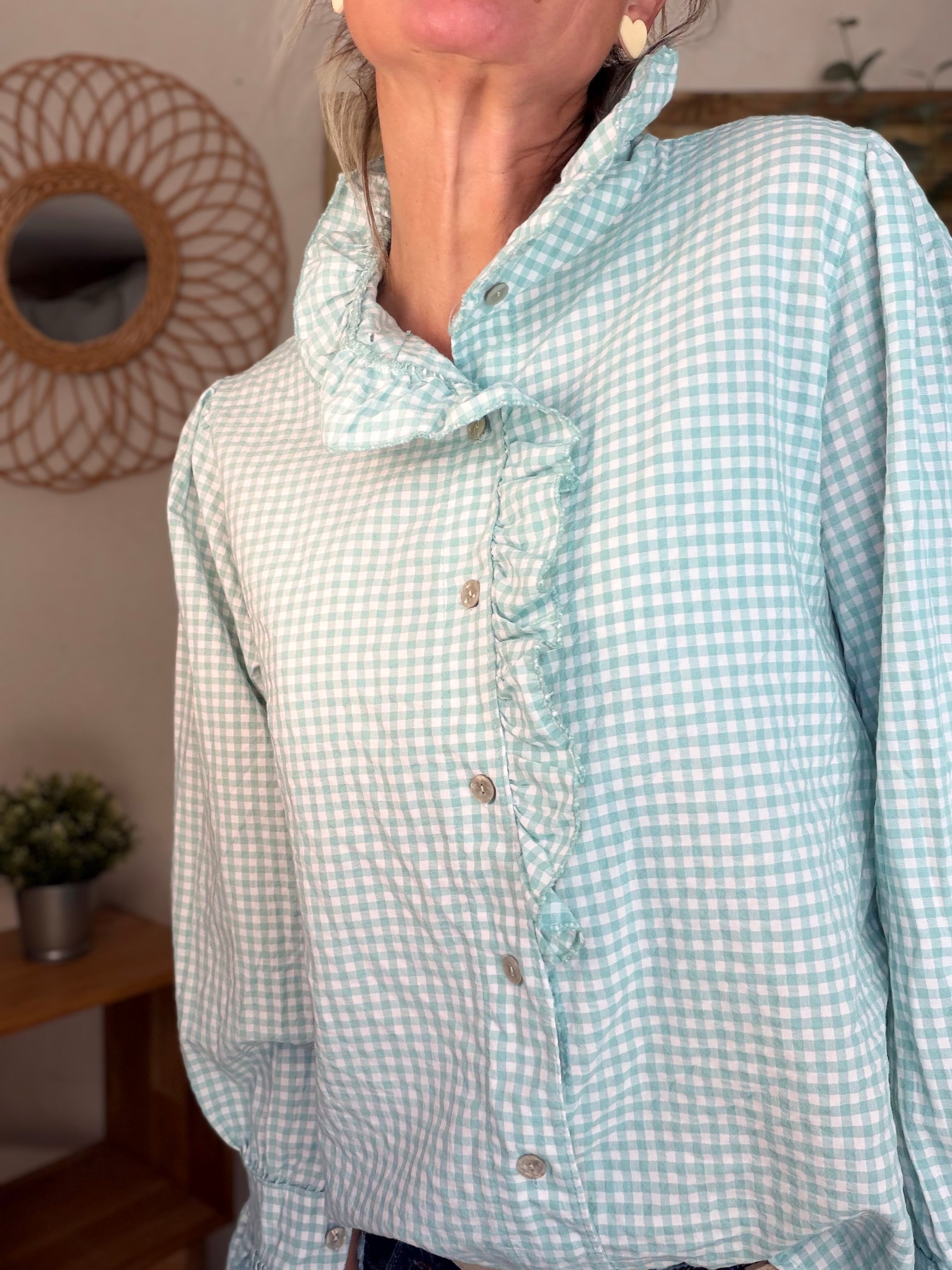 Chemise imprimée Vichy col volanté IRÈNE - Vert d’eau