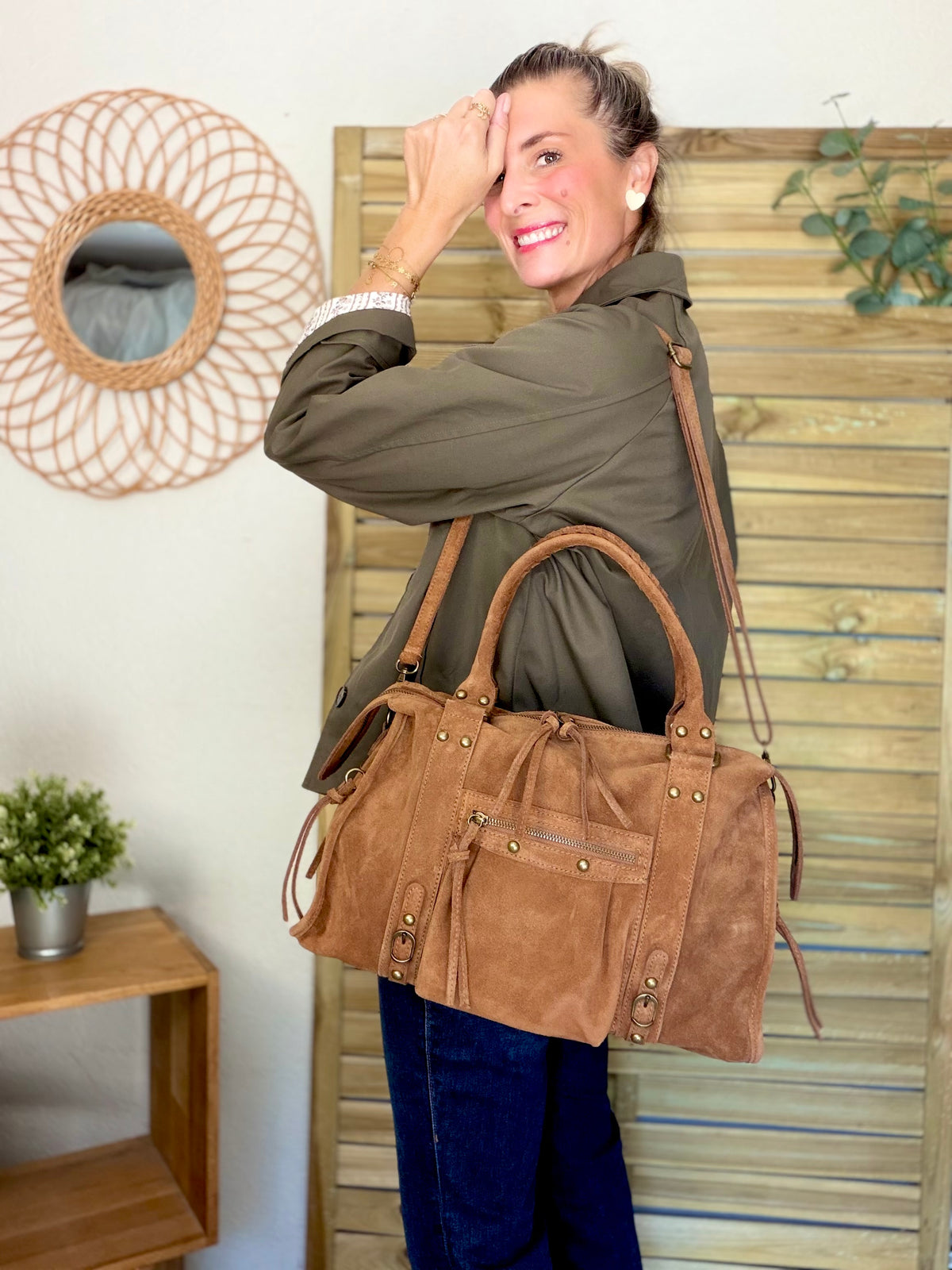 Sac cabas XL en cuir daim • HUNTER Camel