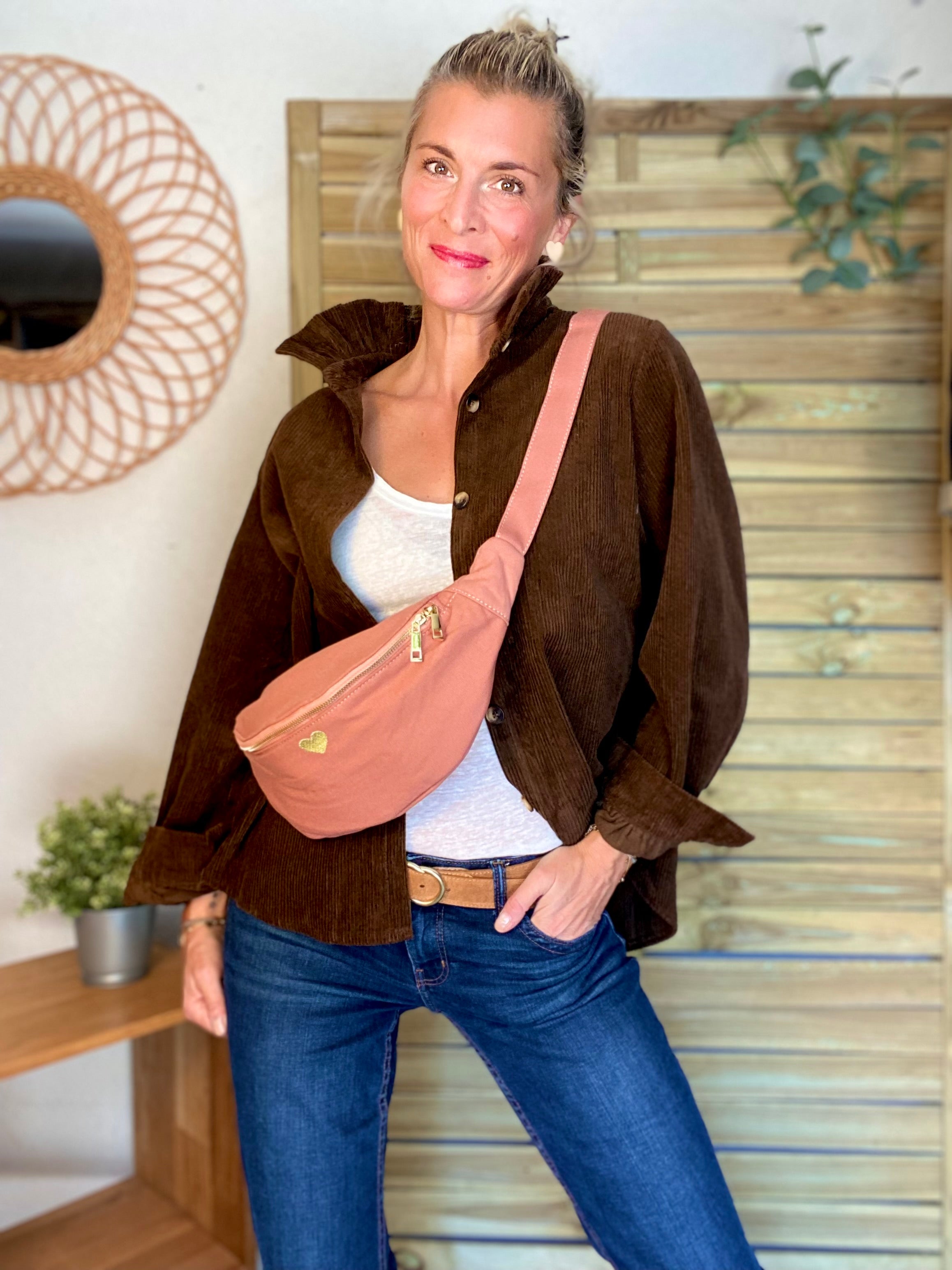 Veste / Chemise en coton, col victorien volanté YVONNE - Velours Chocolat