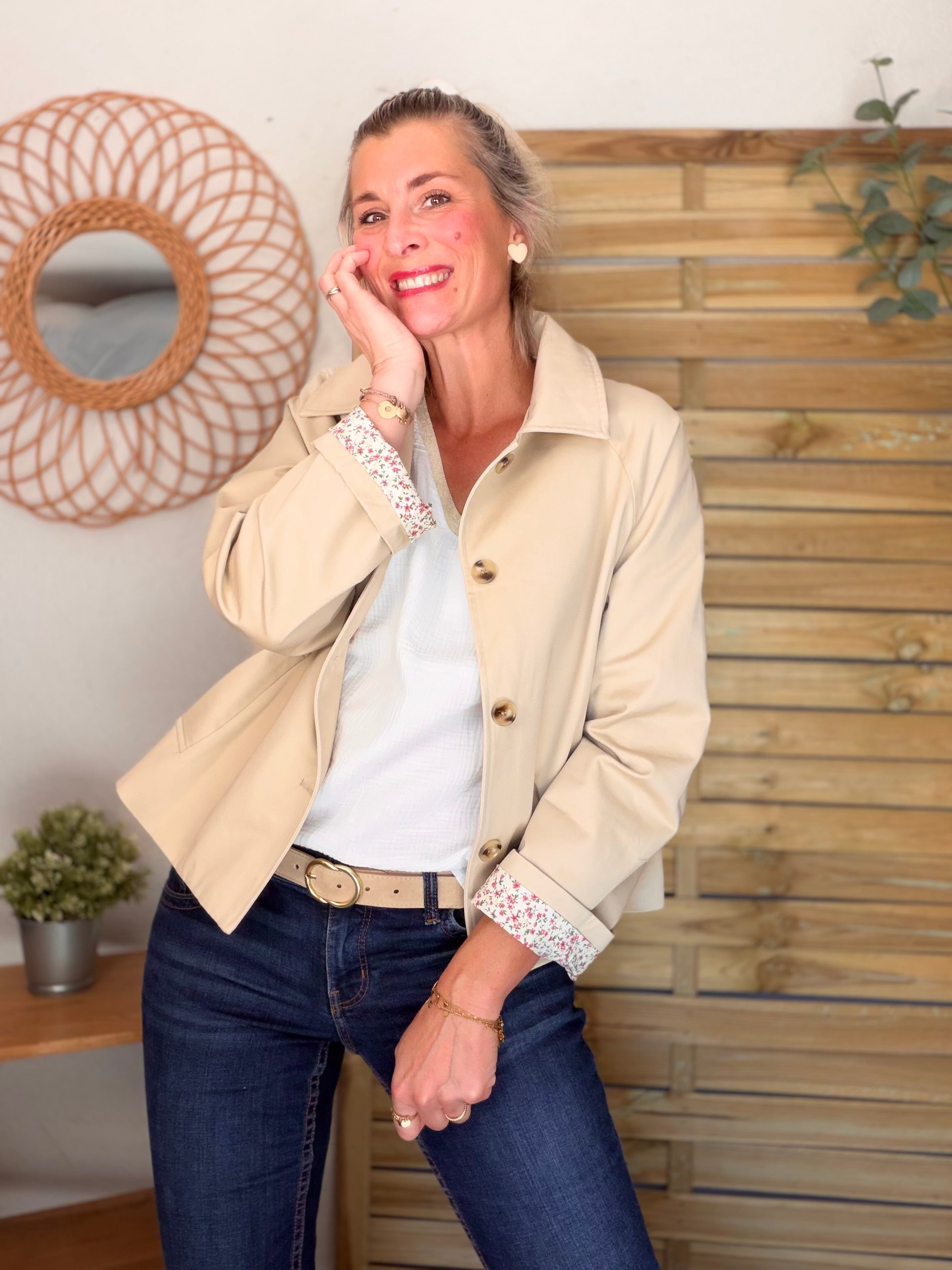 Veste Trench en coton avec Liberty - JOHAN Beige