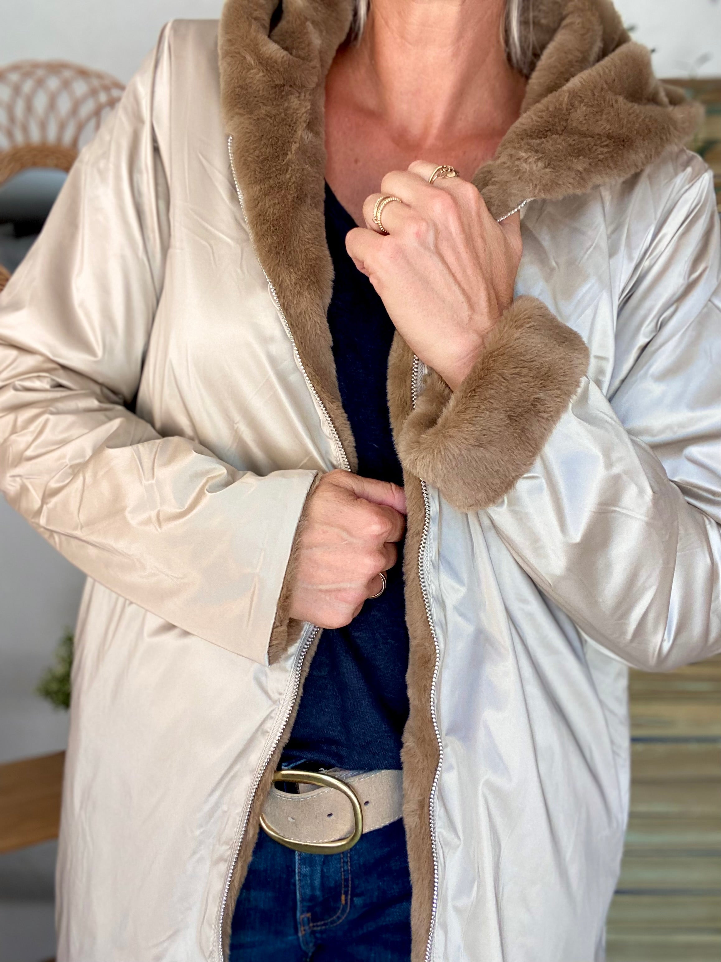 Parka Imperméable réversible fourrée Sable irisé / Camel ALIX - LAURA JO