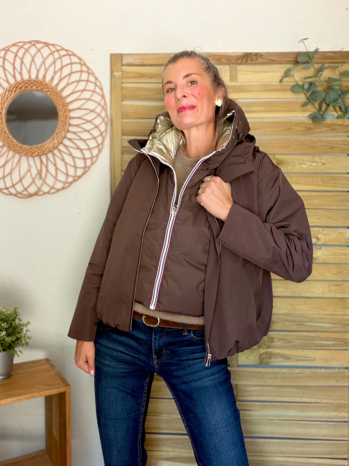 LAURA JO - Col capuche amovible réversible  DANY - Choco / Doré
