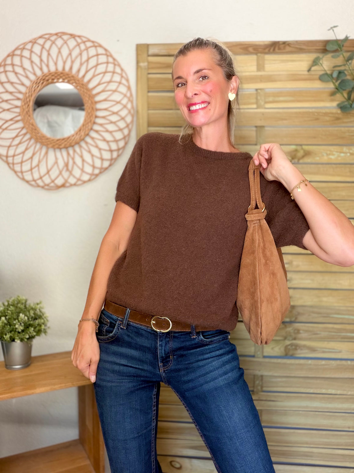 Sac besace hobo en cuir daim souple avec anneaux WILLIAM - Camel