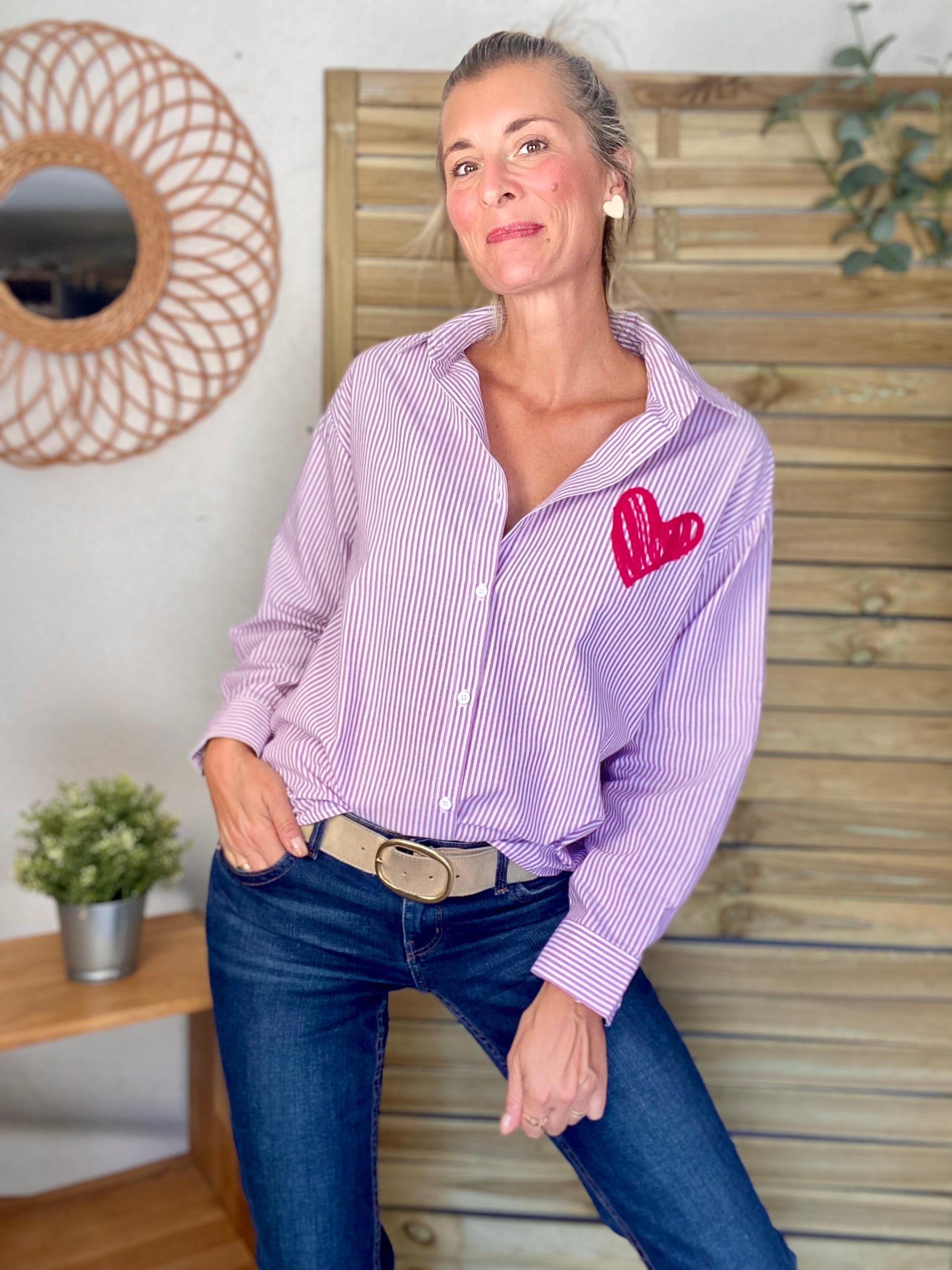 Chemise rayée brodée LOVE multico LANA - Rose cerise