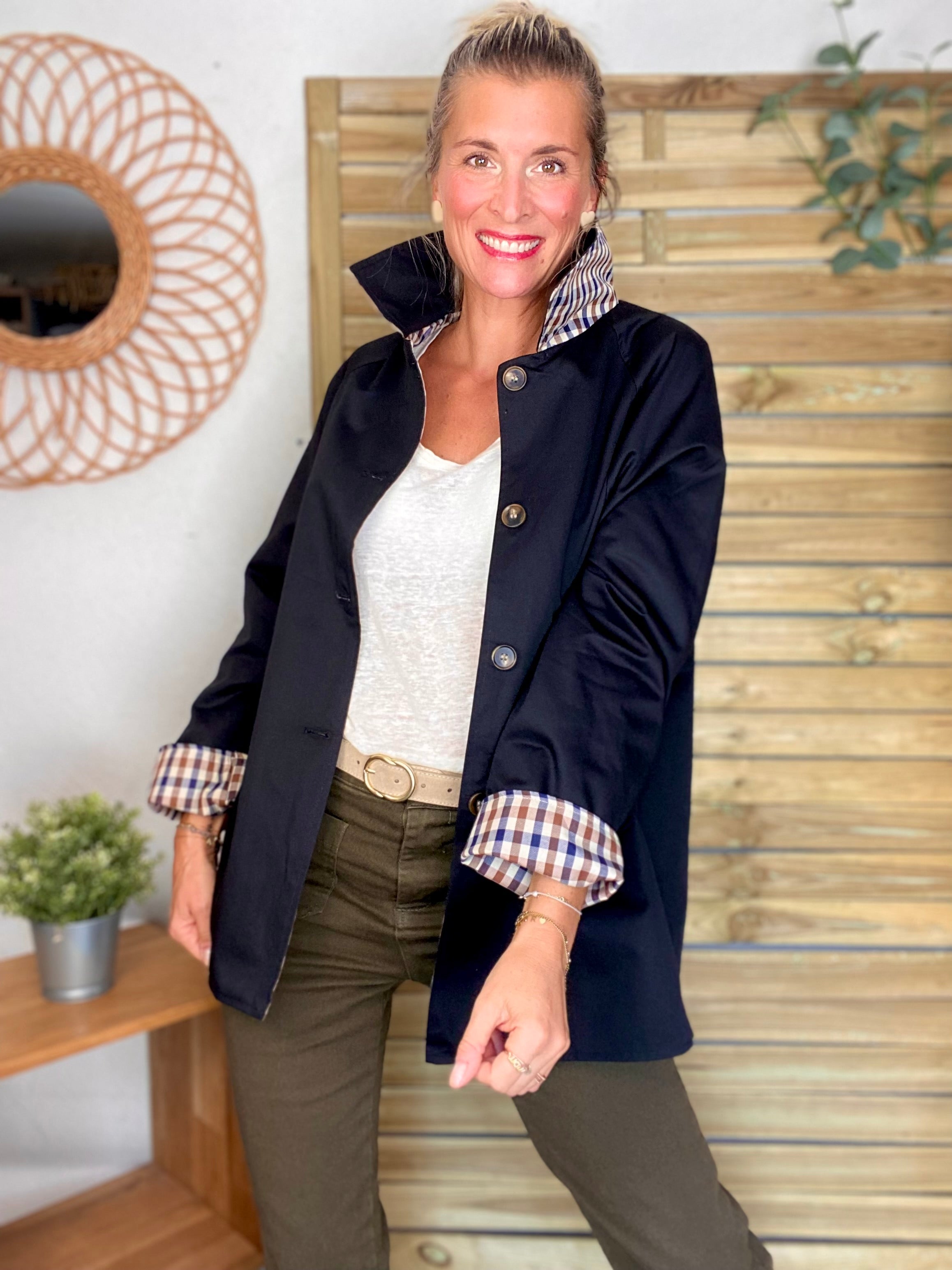 Veste Trench mi long réversible vichy LENA - Noir
