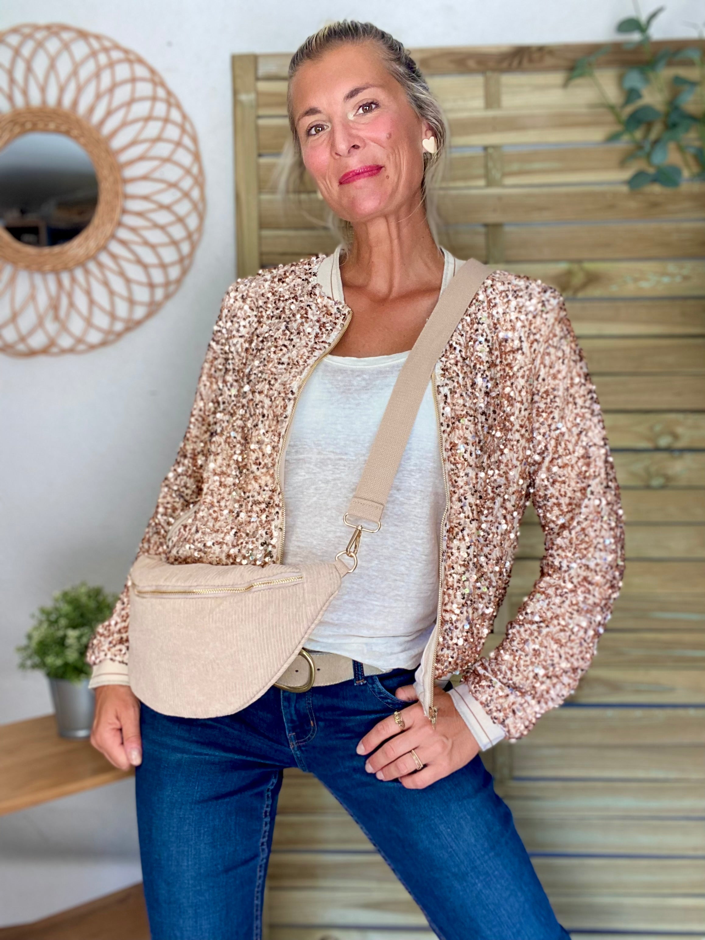 Veste bombers beige avec sequins Rose Gold KIM
