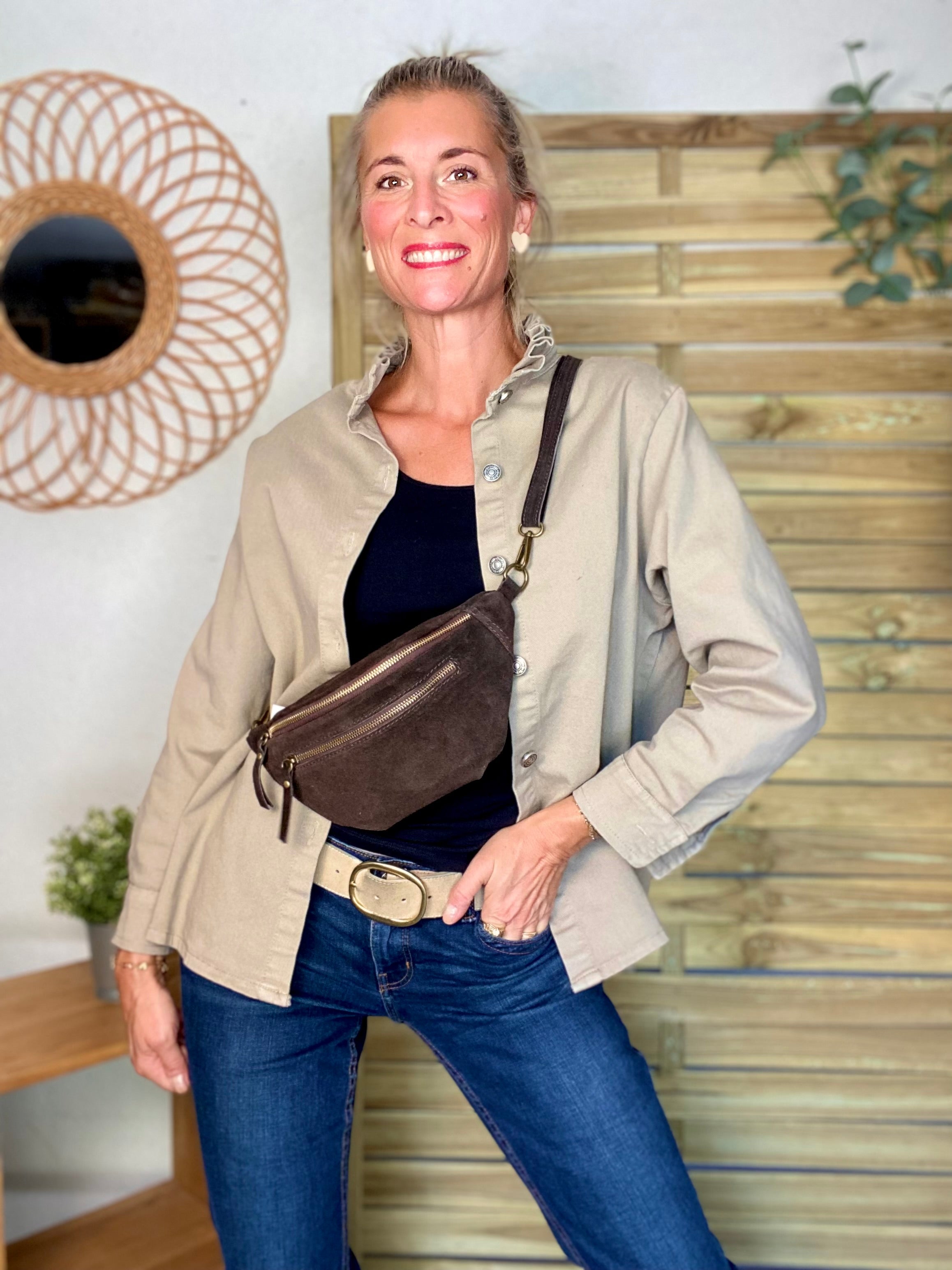Sac banane double poche en cuir daim - OPALINE - Chocolat