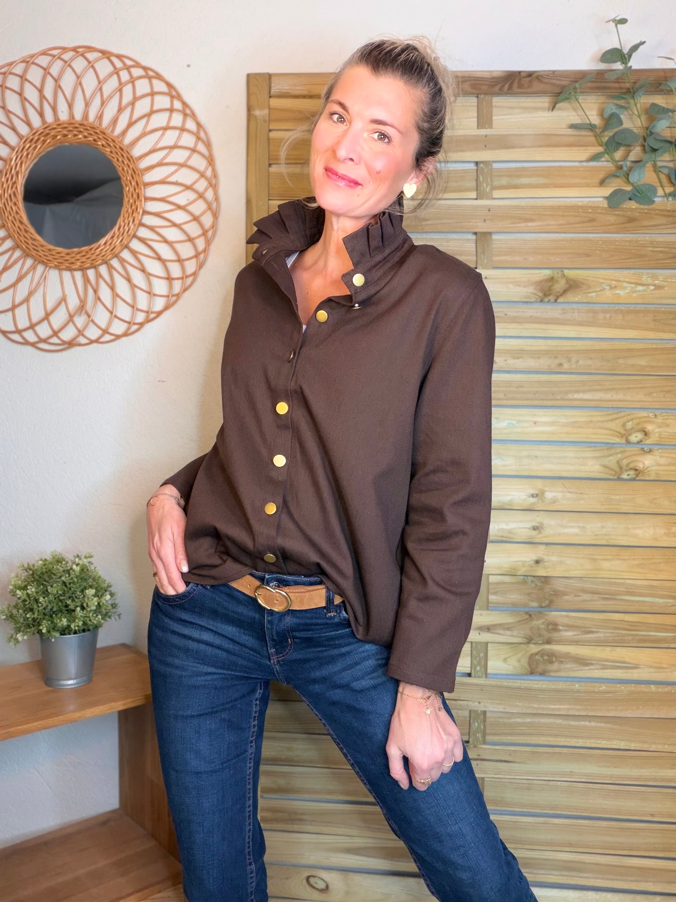 ⚡️ ARRIVAGE - Veste / Chemise en coton, col victorien volanté Beige taupe HILLARY - Choco