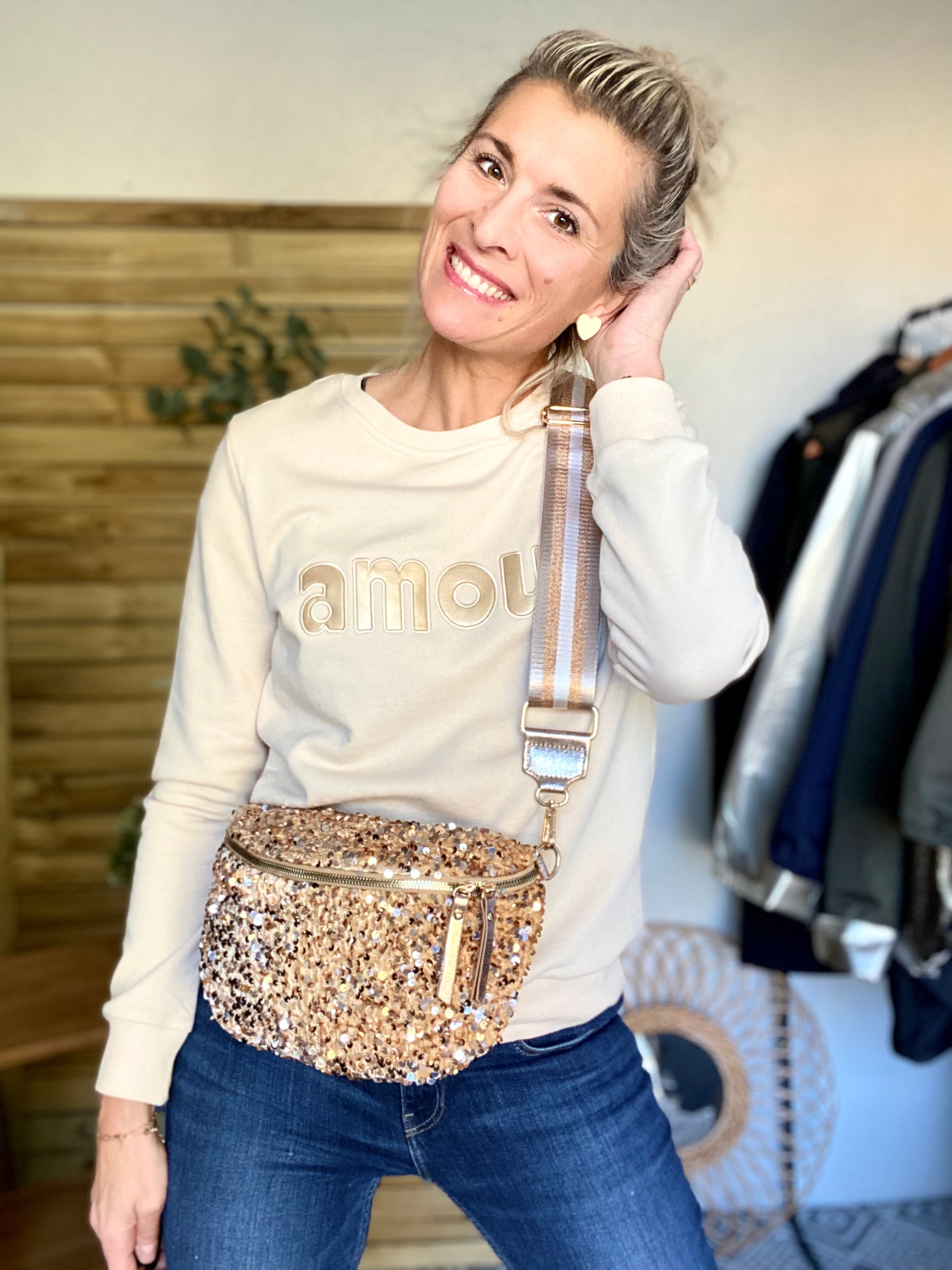 Sac banane XL à sequins 30cm et sangle fantaisie - ROXY - Doré (5 coloris) - FIN DE SÉRIE