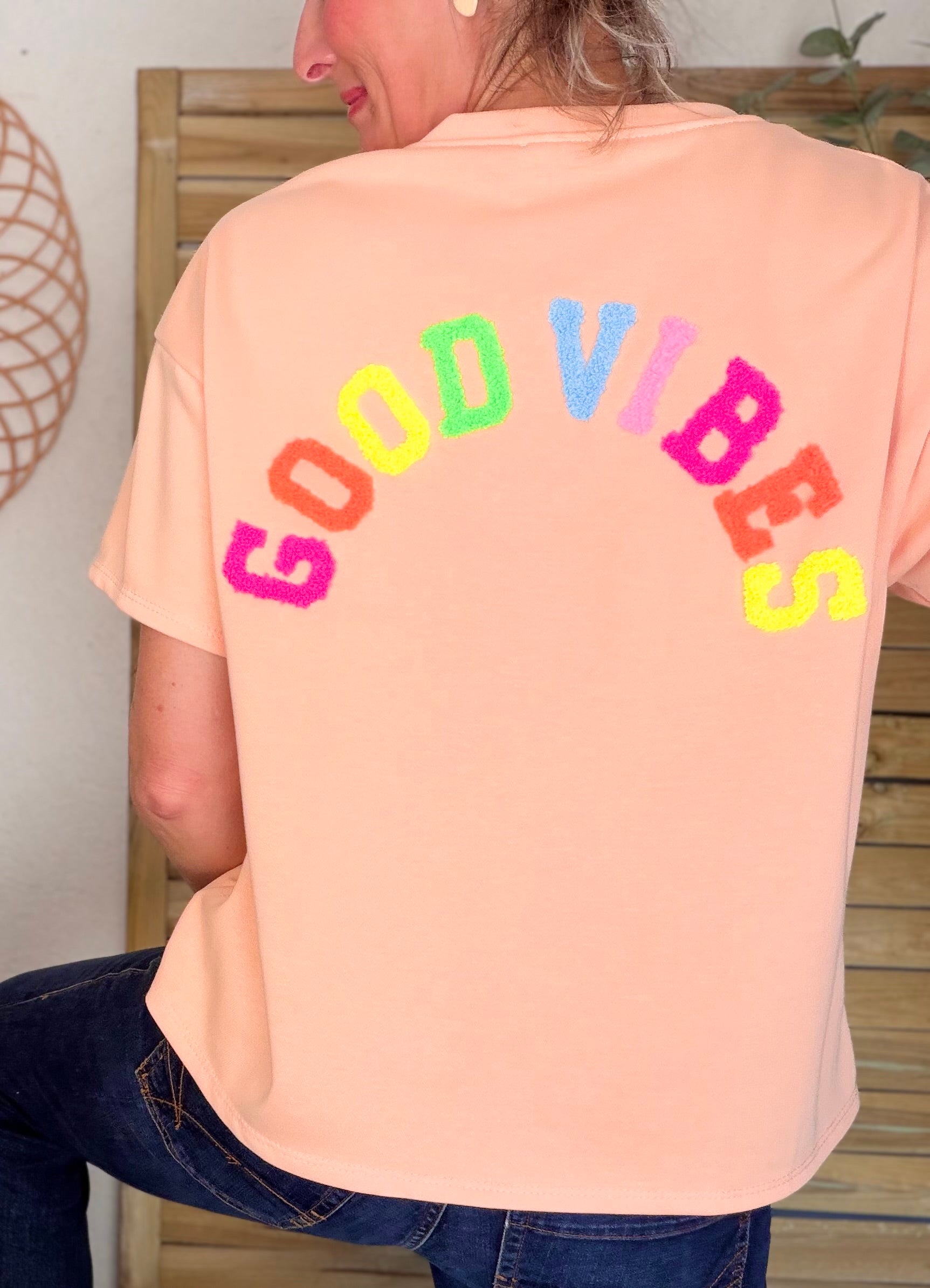 Tee shirt GOOD VIBES matière sweat - ALESSIA Pêche